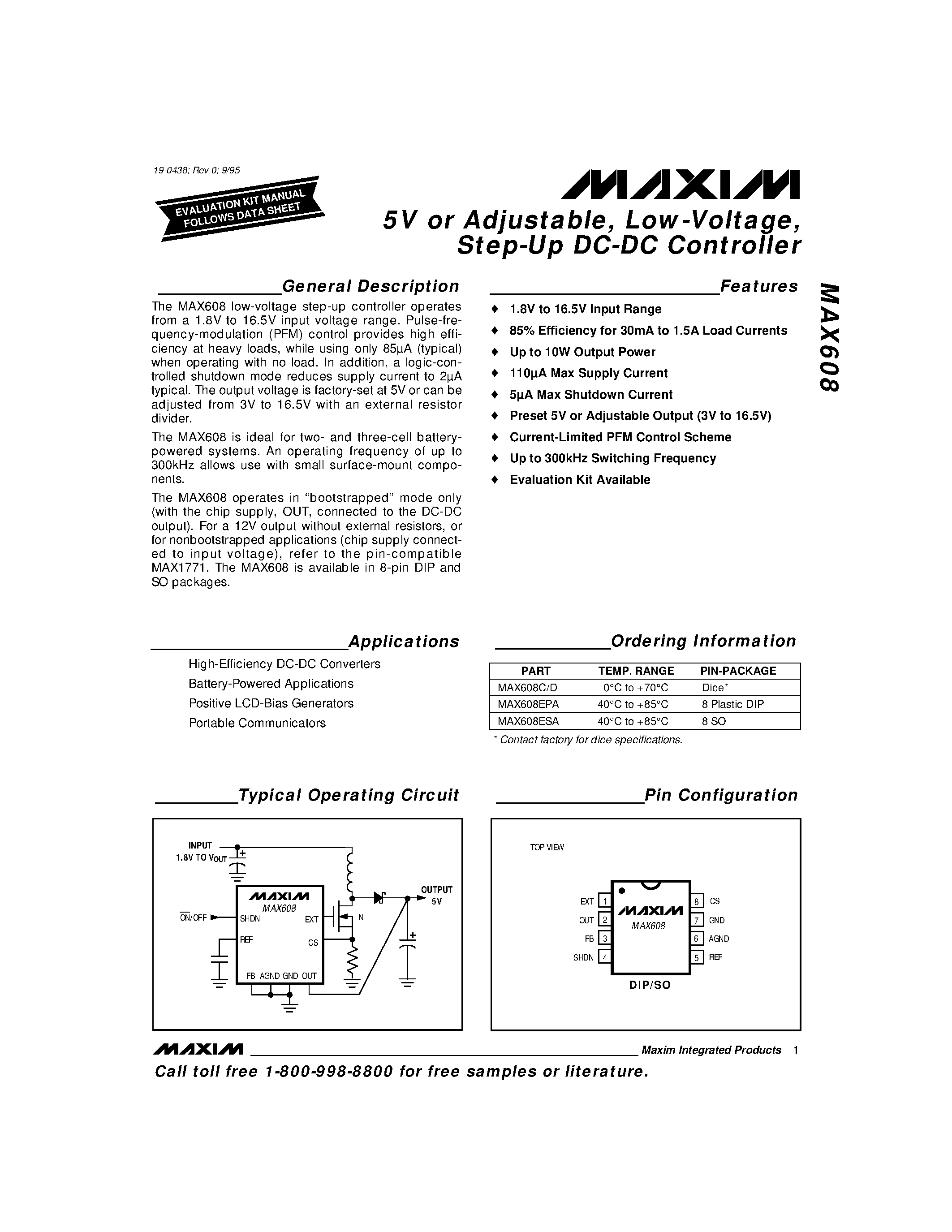Datasheet MAX608 - 5V or Adjustable / Low-Voltage / Step-Up DC-DC Controller page 1