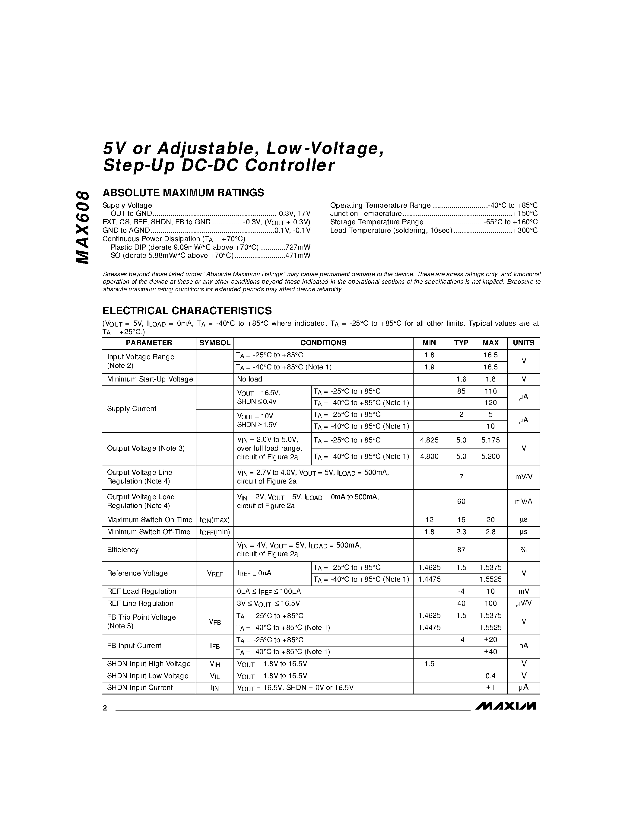 Datasheet MAX608 - 5V or Adjustable / Low-Voltage / Step-Up DC-DC Controller page 2