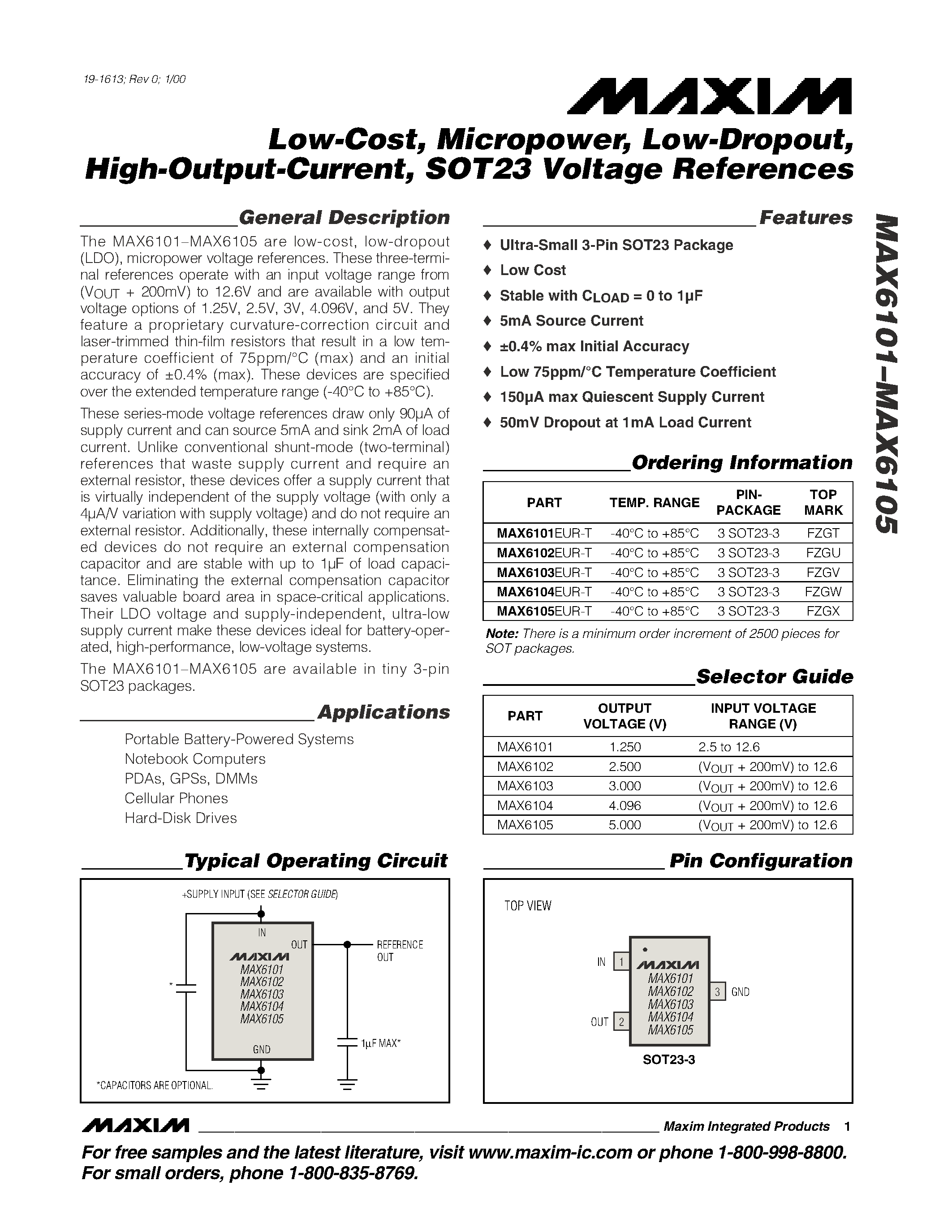 Datasheet MAX6101EUR-T - Low-Cost / Micropower / Low-Dropout / High-Output-Current / SOT23 Voltage References page 1
