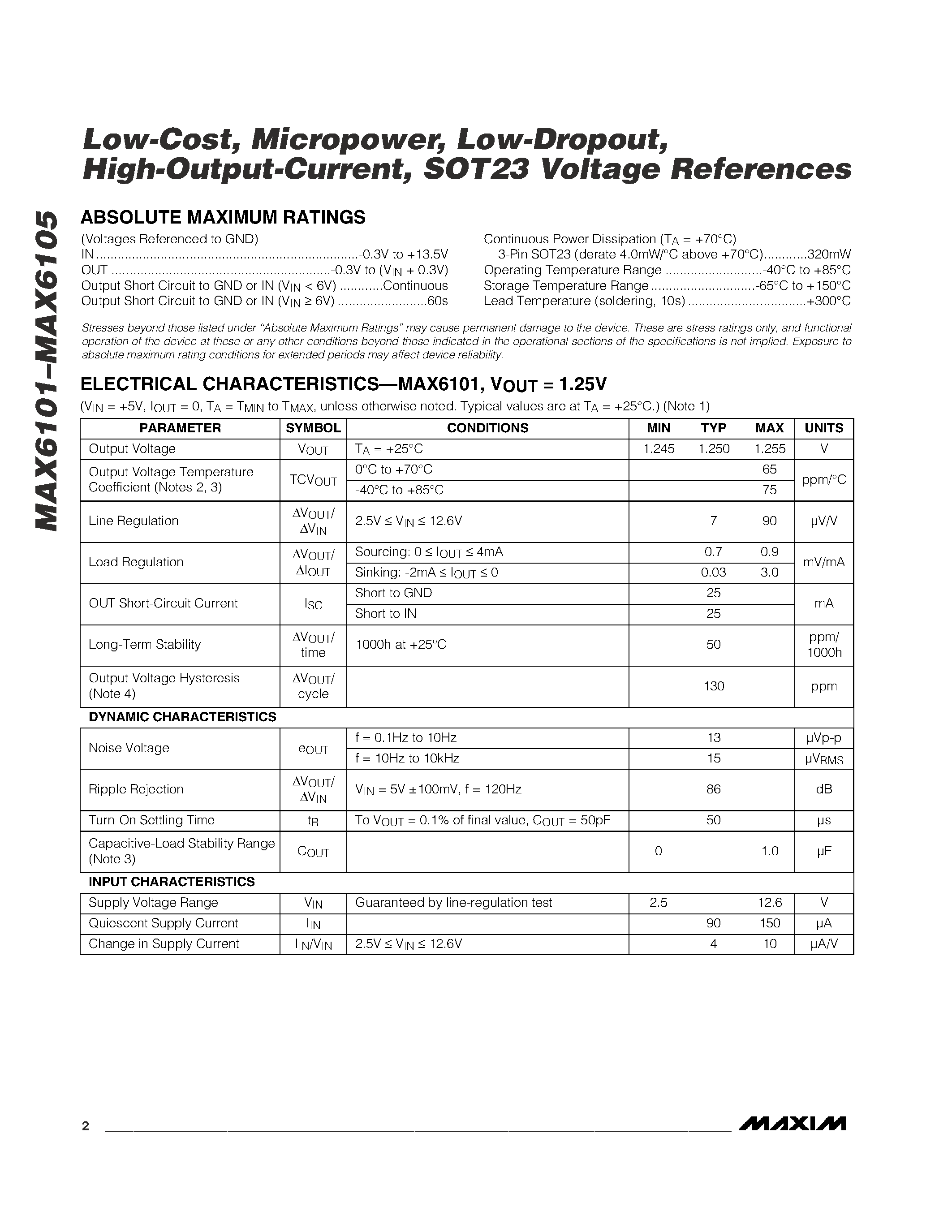 Datasheet MAX6104EUR-T - Low-Cost / Micropower / Low-Dropout / High-Output-Current / SOT23 Voltage References page 2