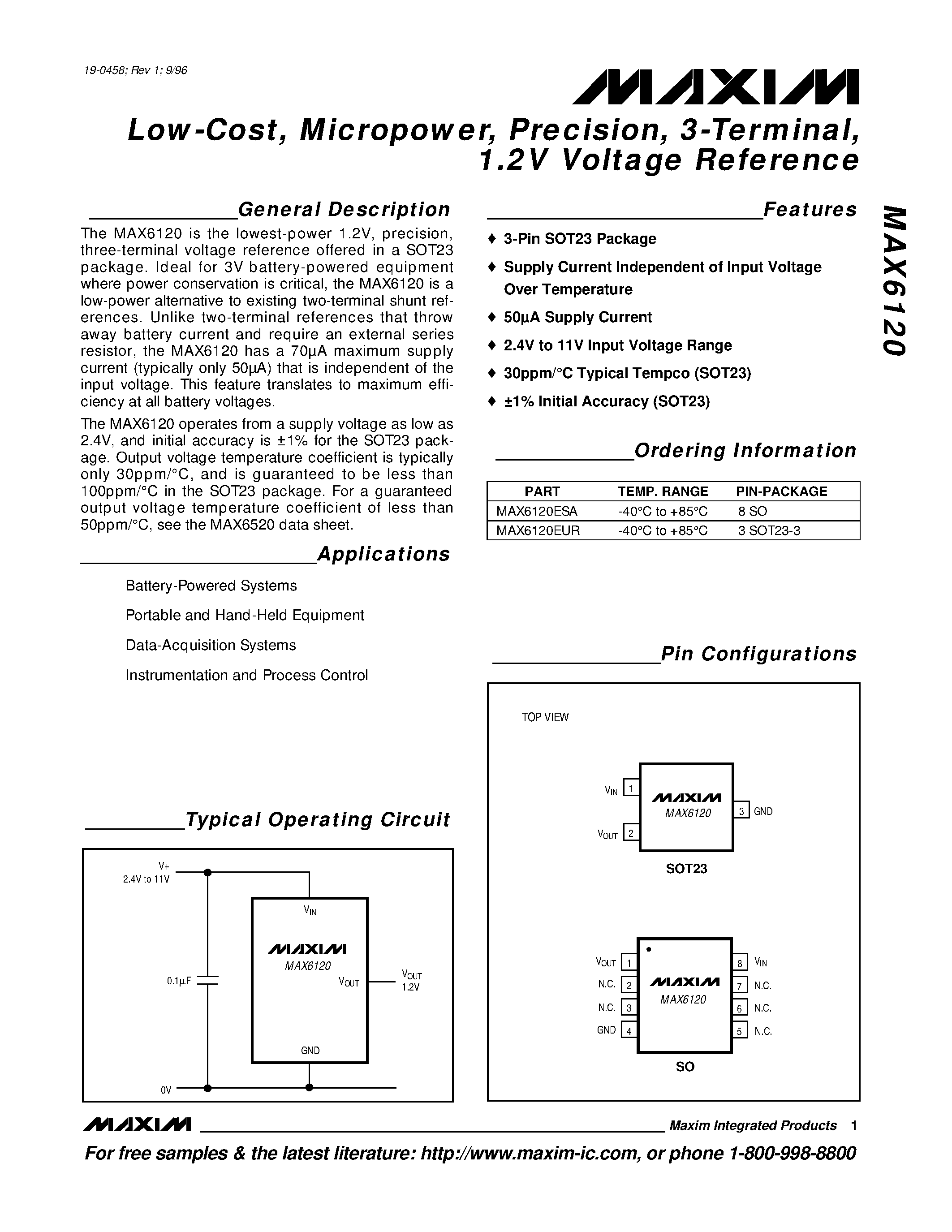 Datasheet MAX6120 - Low-Cost / Micropower / Precision / 3-Terminal / 1.2V Voltage Reference page 1