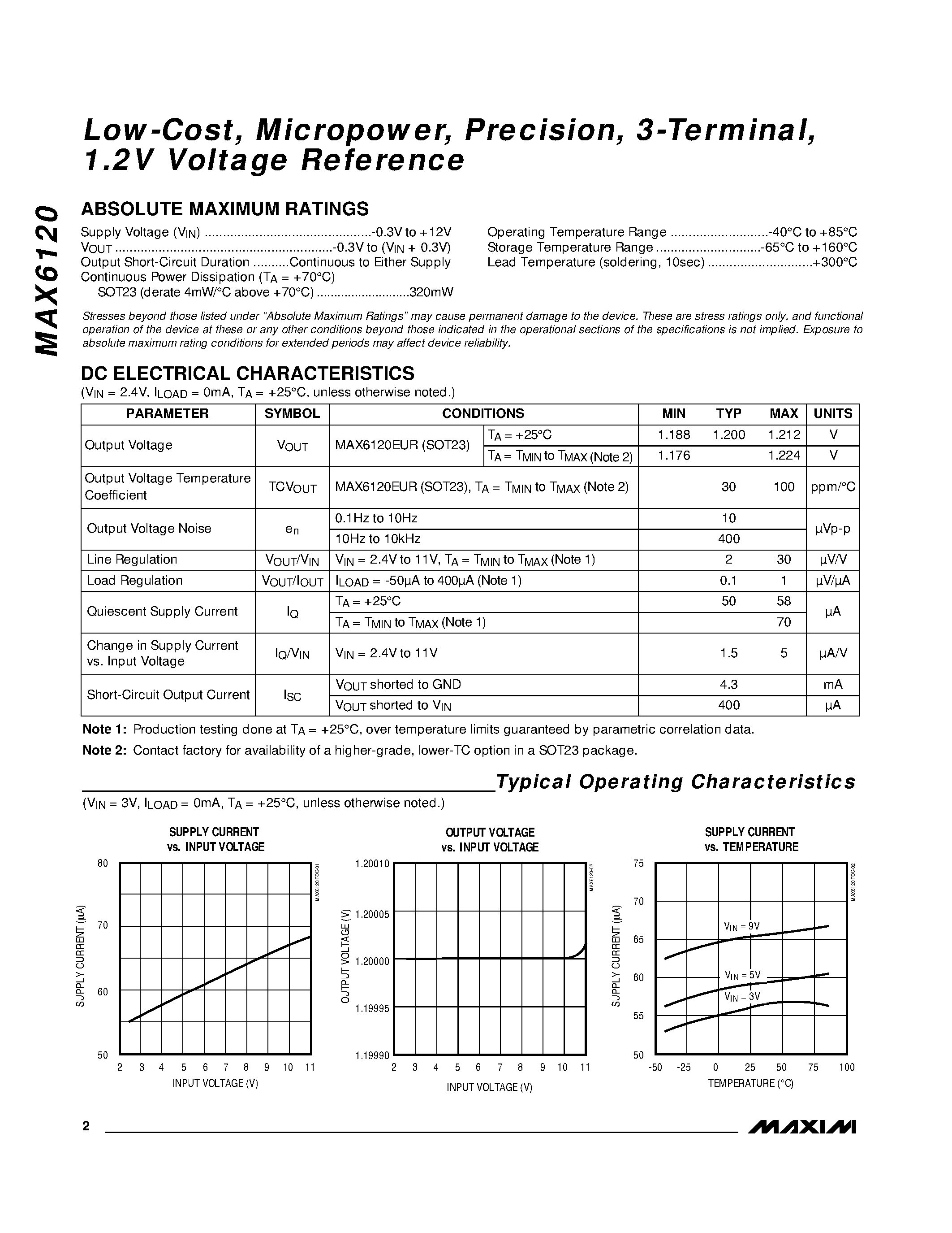 Datasheet MAX6120ESA - Low-Cost / Micropower / Precision / 3-Terminal / 1.2V Voltage Reference page 2