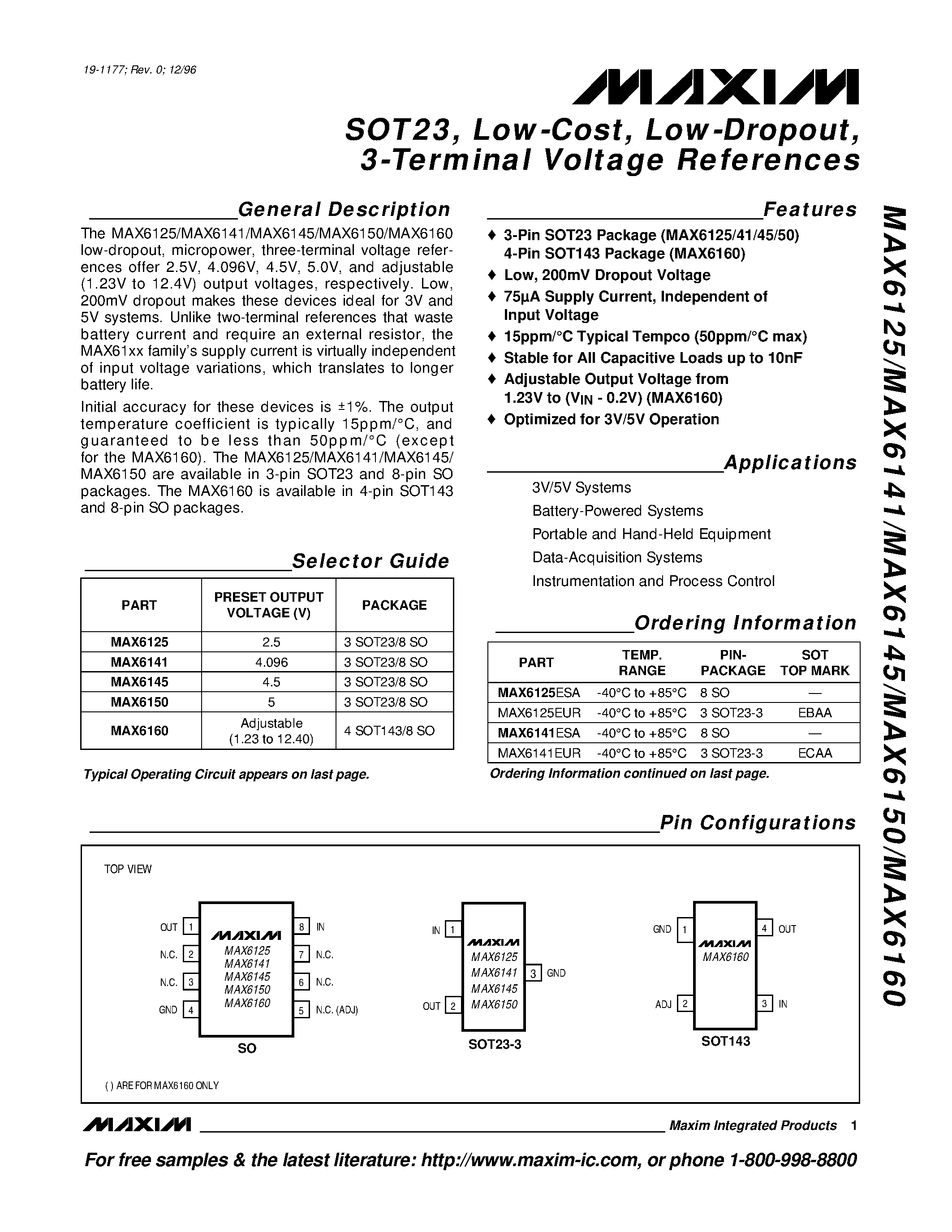Datasheet MAX6125 - SOT23 / Low-Cost / Low-Dropout / 3-Terminal Voltage References page 1