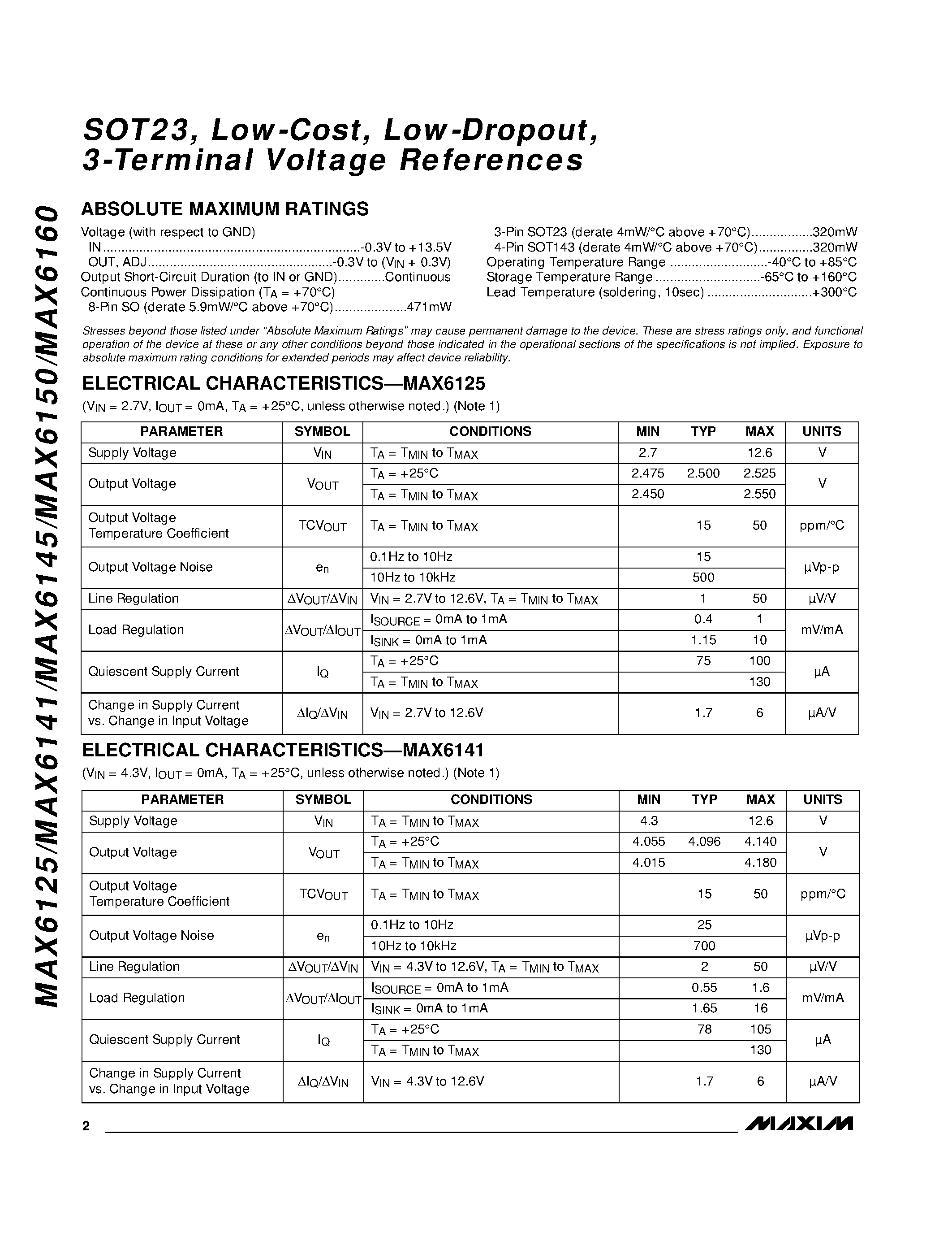 Datasheet MAX6141 - SOT23 / Low-Cost / Low-Dropout / 3-Terminal Voltage References page 2