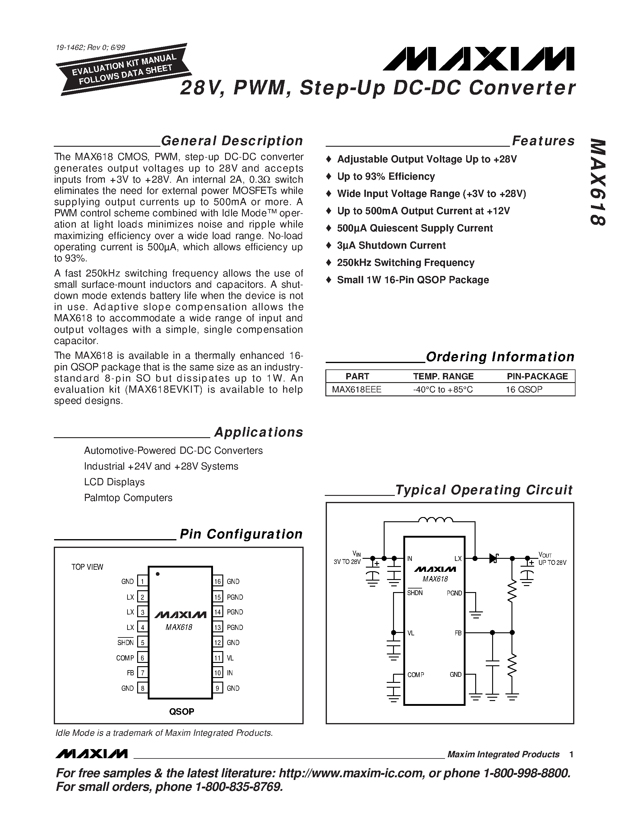 Datasheet MAX618 - 28V / PWM / Step-Up DC-DC Converter page 1