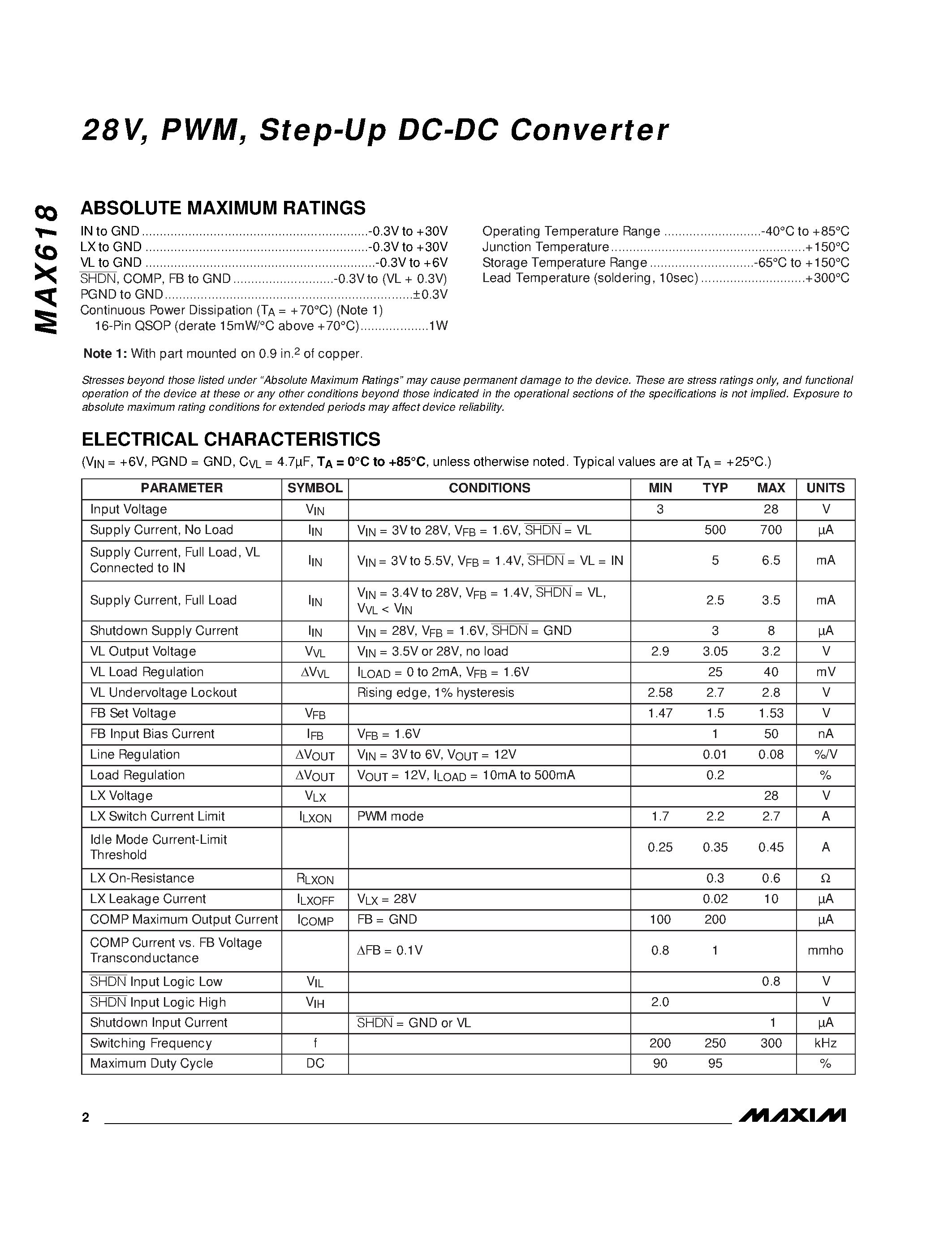 Datasheet MAX618 - 28V / PWM / Step-Up DC-DC Converter page 2