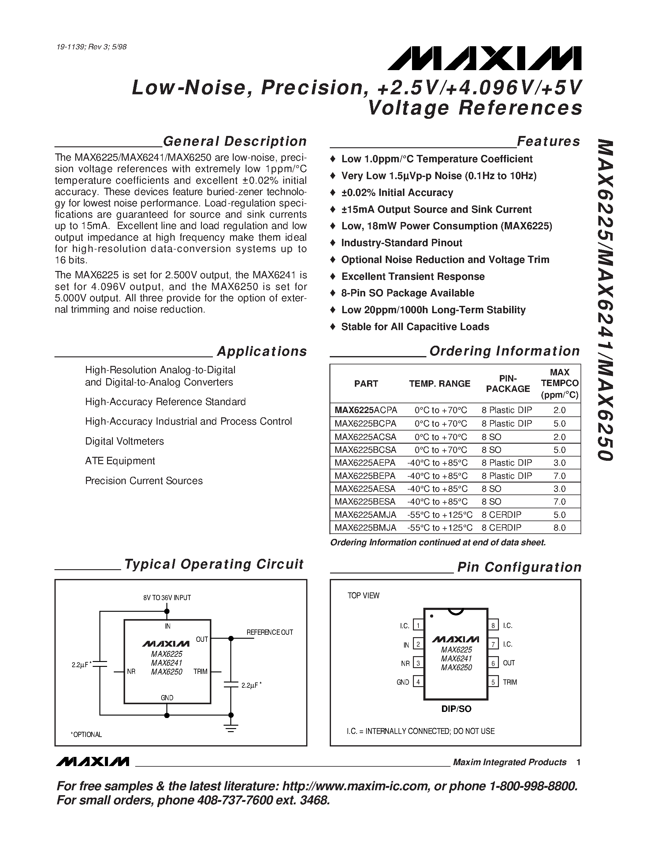 Datasheet MAX6225 - Low-Noise / Precision / +2.5V/+4.096V/+5V Voltage References page 1