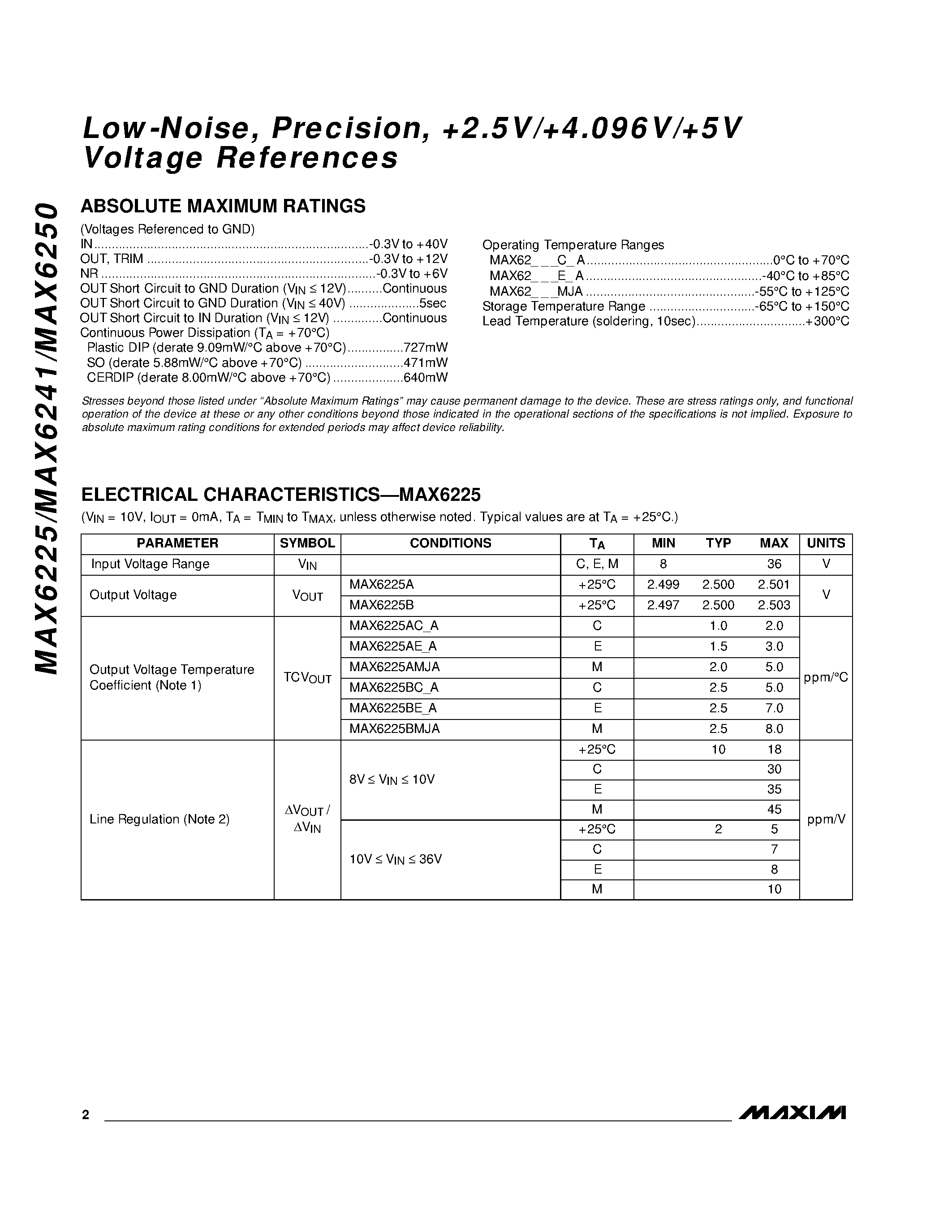 Datasheet MAX6250 - Low-Noise / Precision / +2.5V/+4.096V/+5V Voltage References page 2