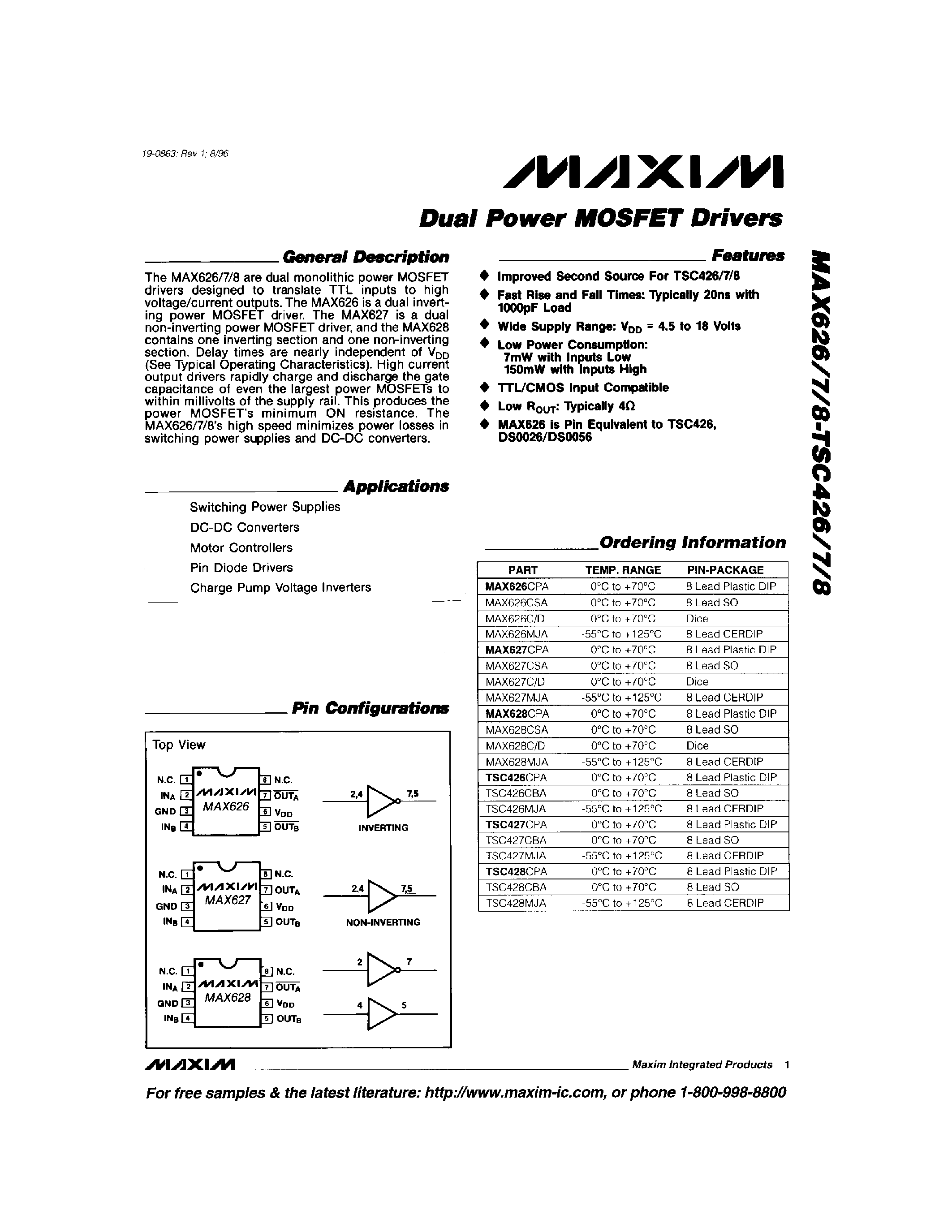 Datasheet MAX628C/D - Dual Power MOSFET Drivers page 1