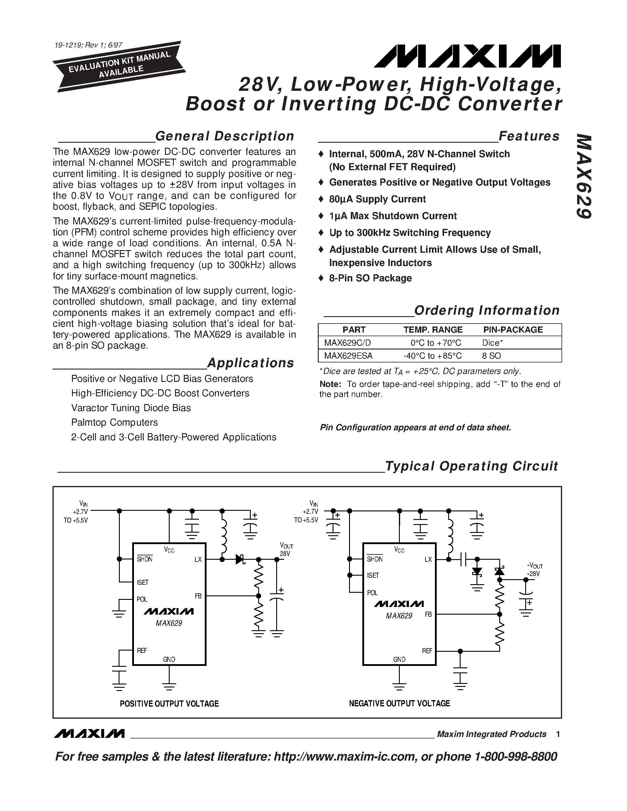 Datasheet MAX629C/D page 1 Datasheet MAX629C/D - 28V / Low-Power / High-Voltage / Boost or Inverting DC-DC Converter page 1
