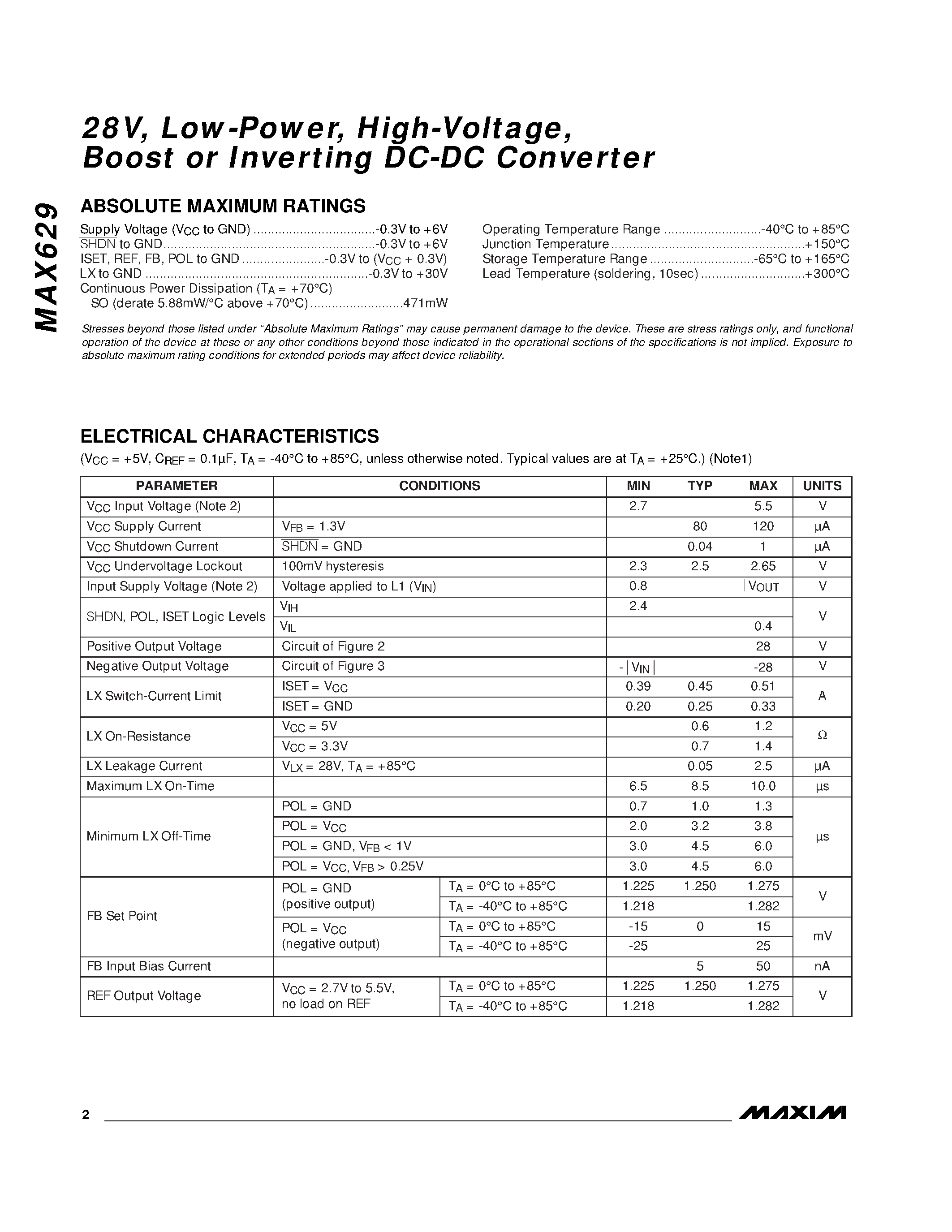Datasheet MAX629C/D page 2 Datasheet MAX629C/D - 28V / Low-Power / High-Voltage / Boost or Inverting DC-DC Converter page 2