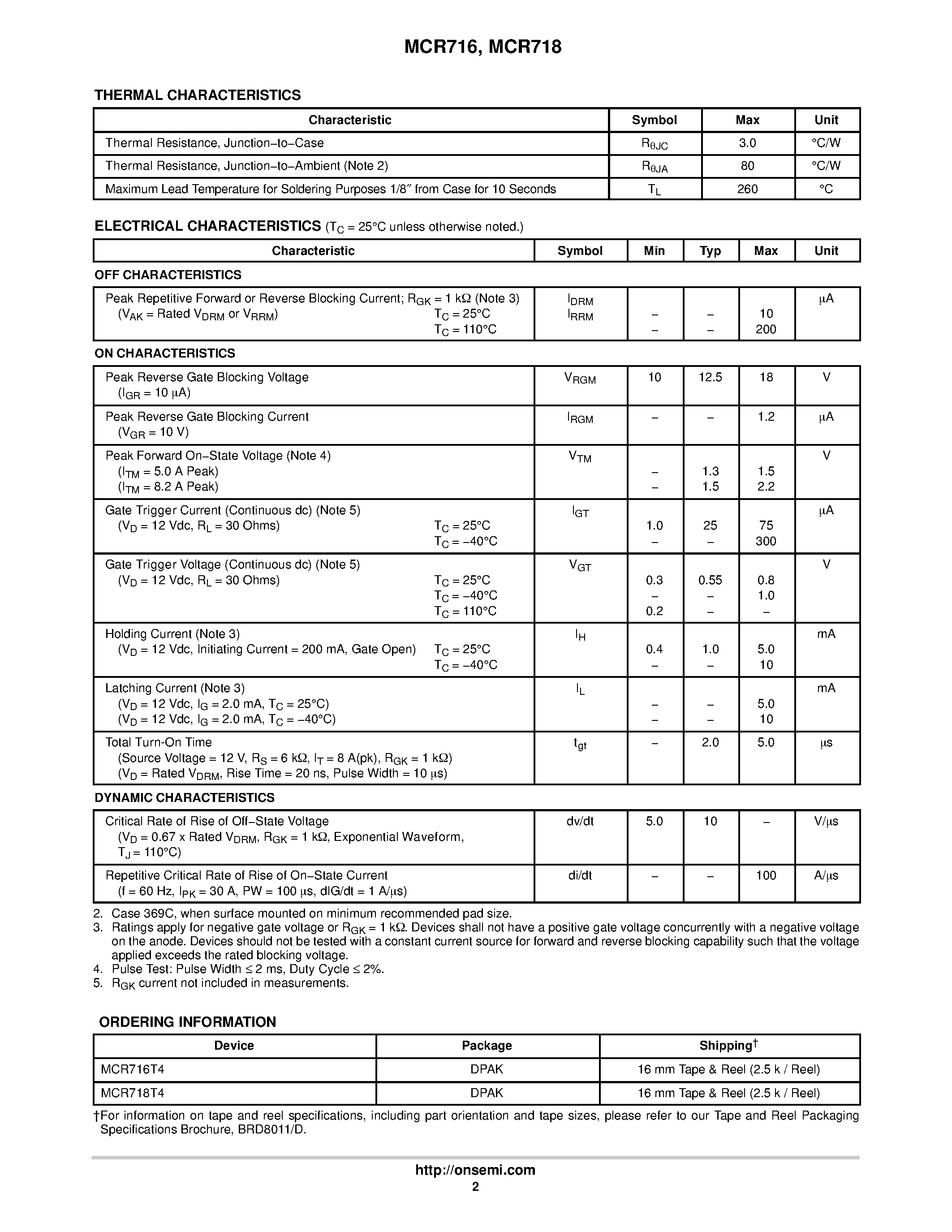 Datasheet MCR718T4 page 2 Datasheet MCR718T4 - Sensitive Gate Silicon Controlled Rectifiers(SCRs 4.0 AMPERES RMS 400 − 600 VOLTS) page 2