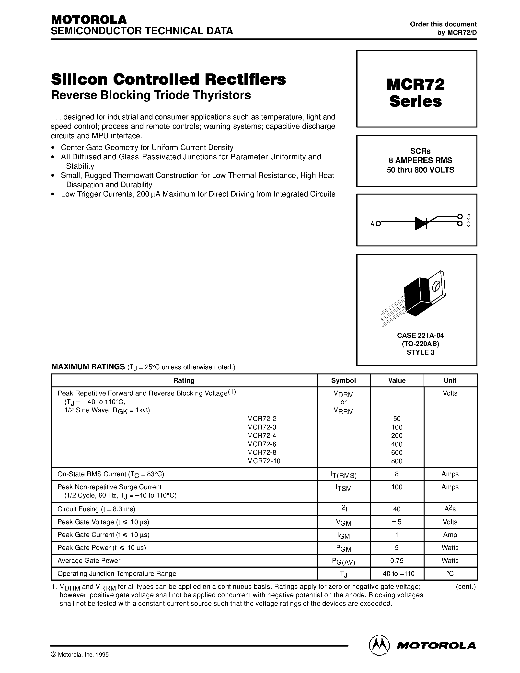 Datasheet MCR72 - Silicon Controlled Rectifiers page 1
