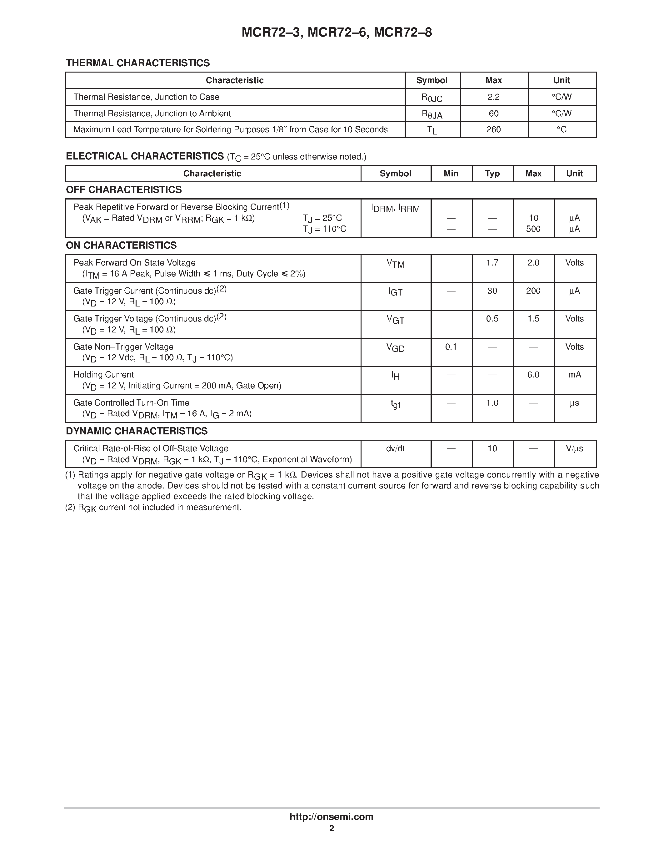 Datasheet MCR72-3 page 2 Datasheet MCR72-3 - SENSITIVE GATE SILICON CONTROLLED RECTIFIERS page 2