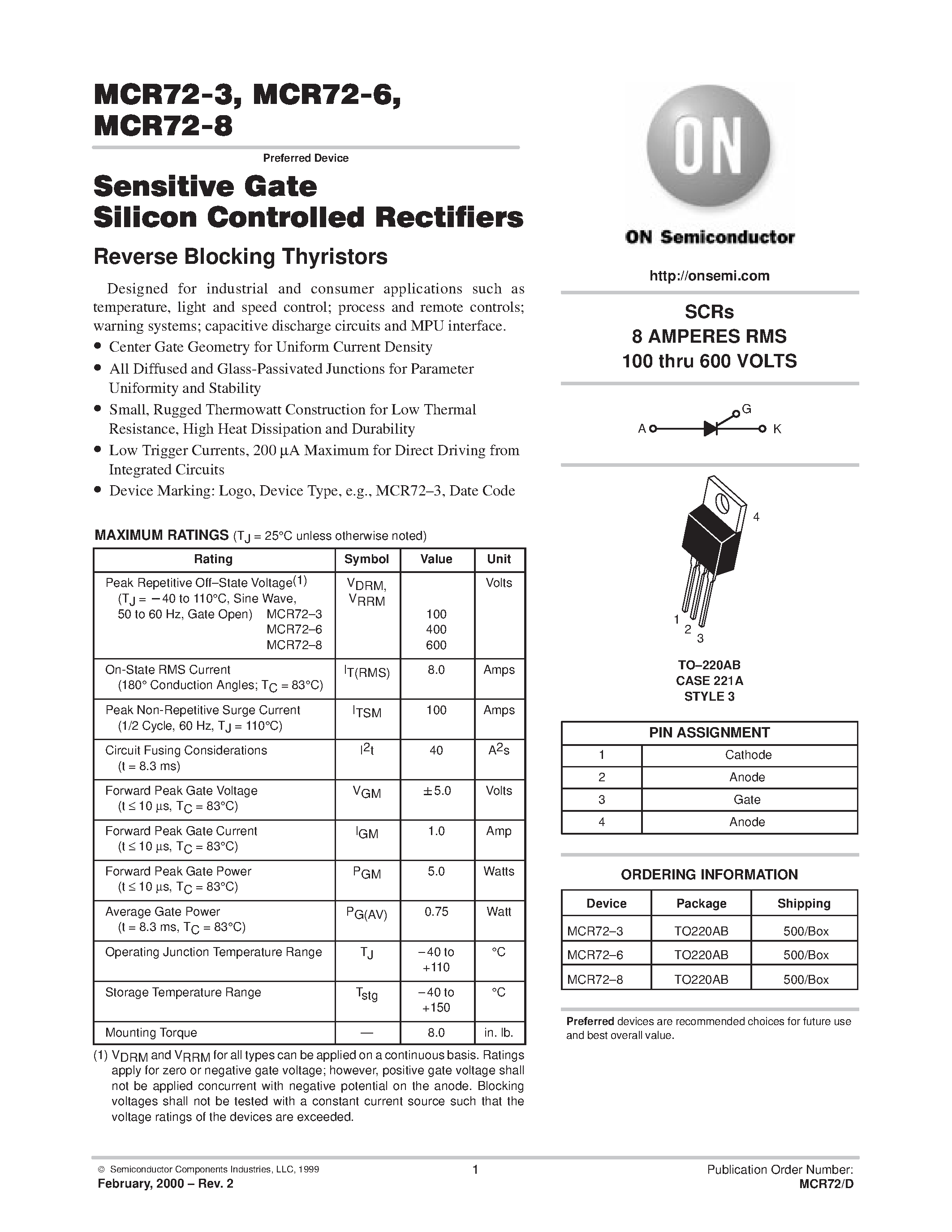 Datasheet MCR72-8 - SENSITIVE GATE SILICON CONTROLLED RECTIFIERS page 1
