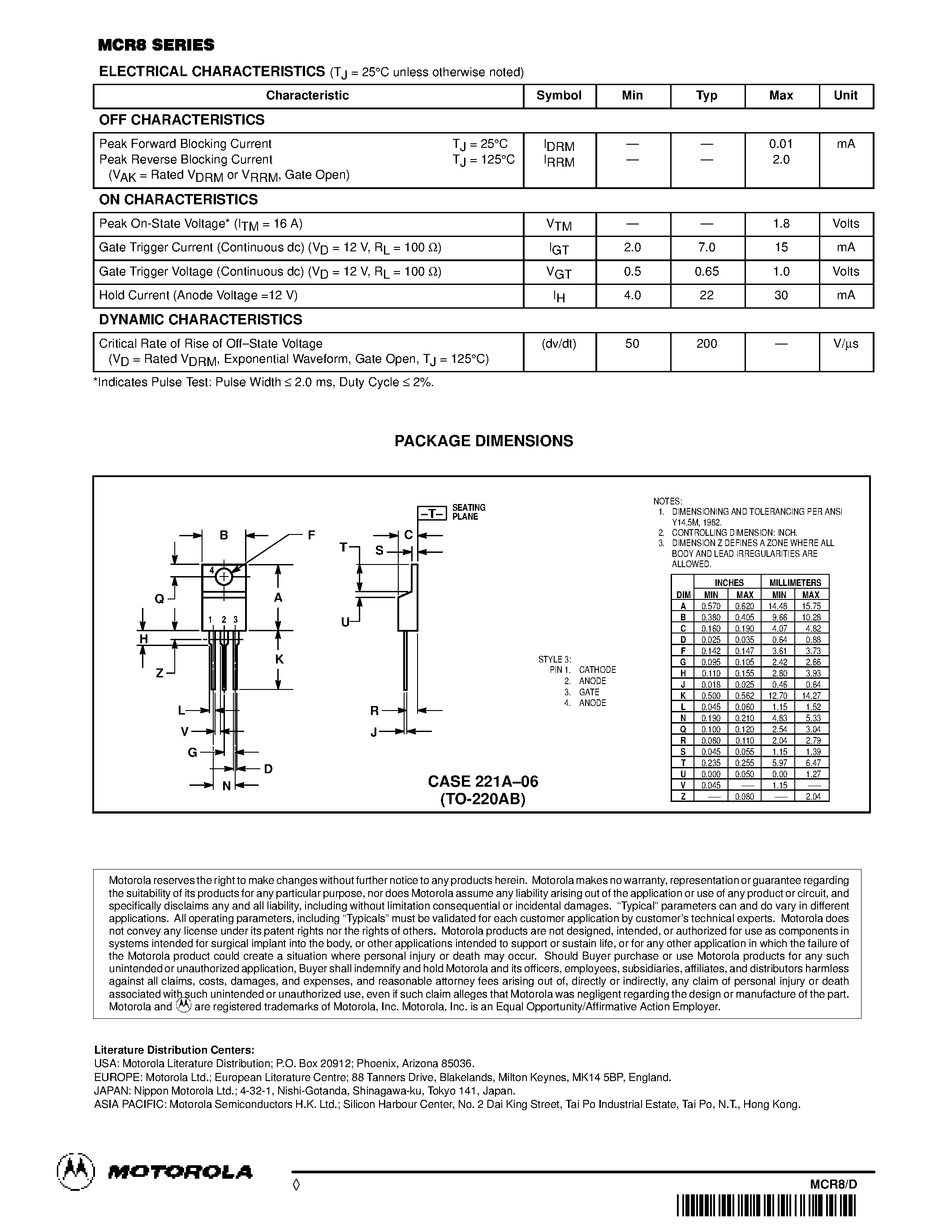 Datasheet MCR8 - SCRs 8 AMPERES RMS 400 thru 800 VOLTS page 2