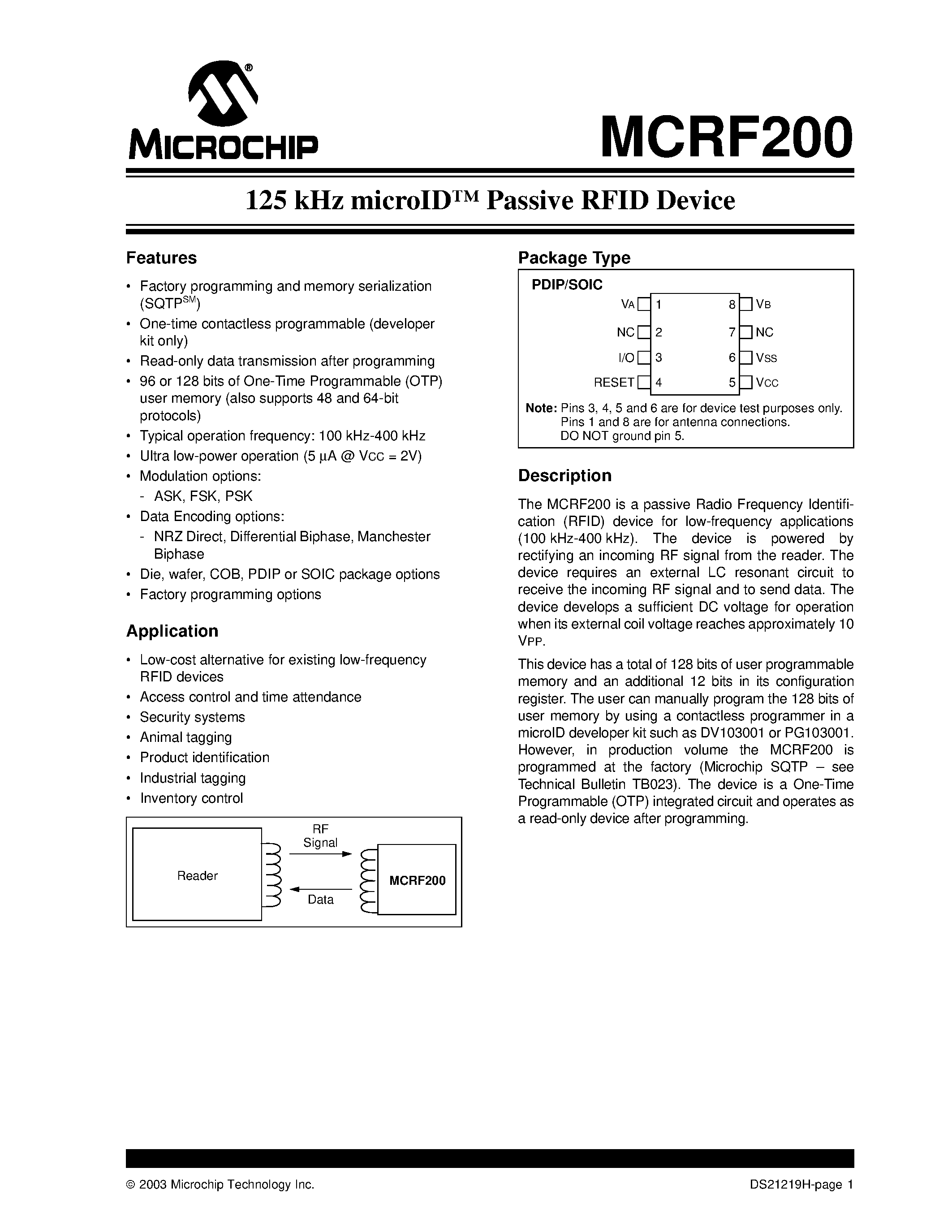 Datasheet MCRF200 page 1 Datasheet MCRF200 - 125 kHz microID Passive RFID Device page 1
