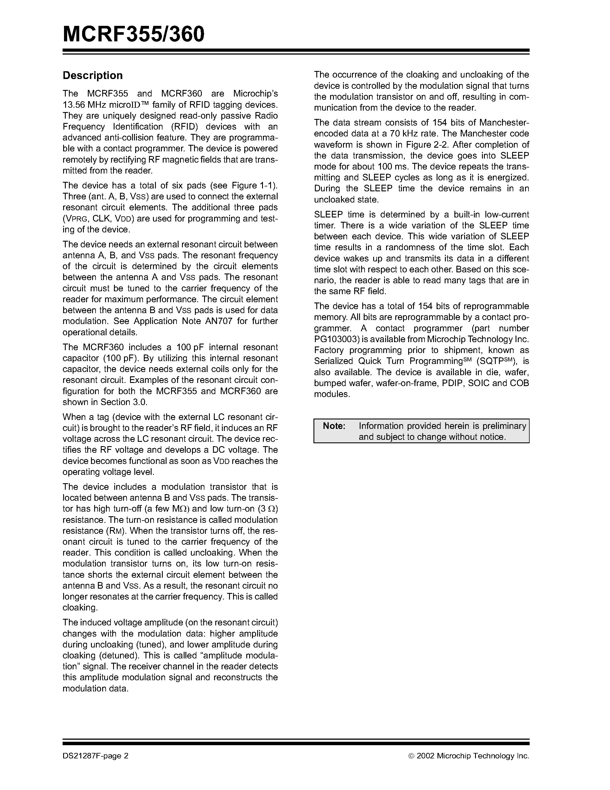 Datasheet MCRF360 page 2 Datasheet MCRF360 - 13.56 MHz Passive RFID Device with Anti-Collision Feature page 2