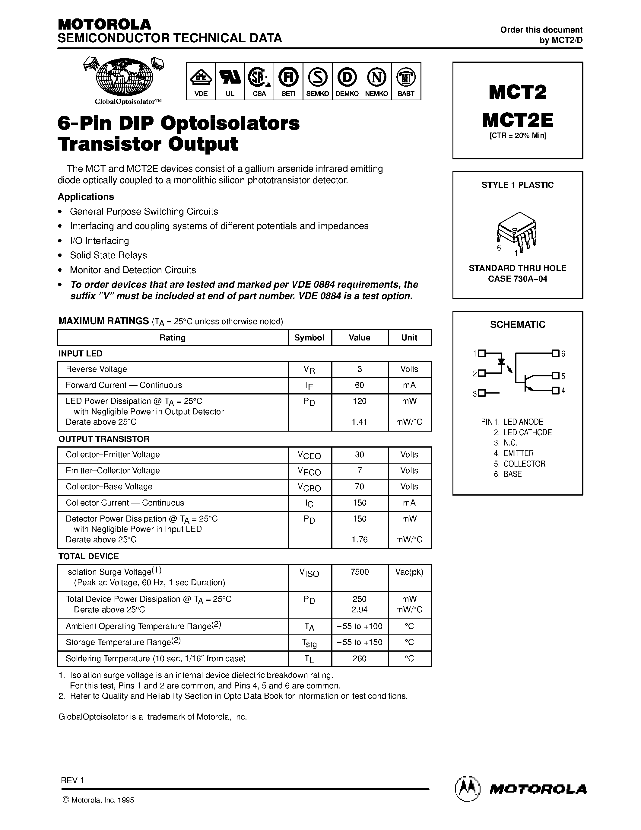 Даташит на микросхему MCT2E страница 1 Даташит MCT2E - 6-Pin DIP Optoisolators Transistor Output страница 1