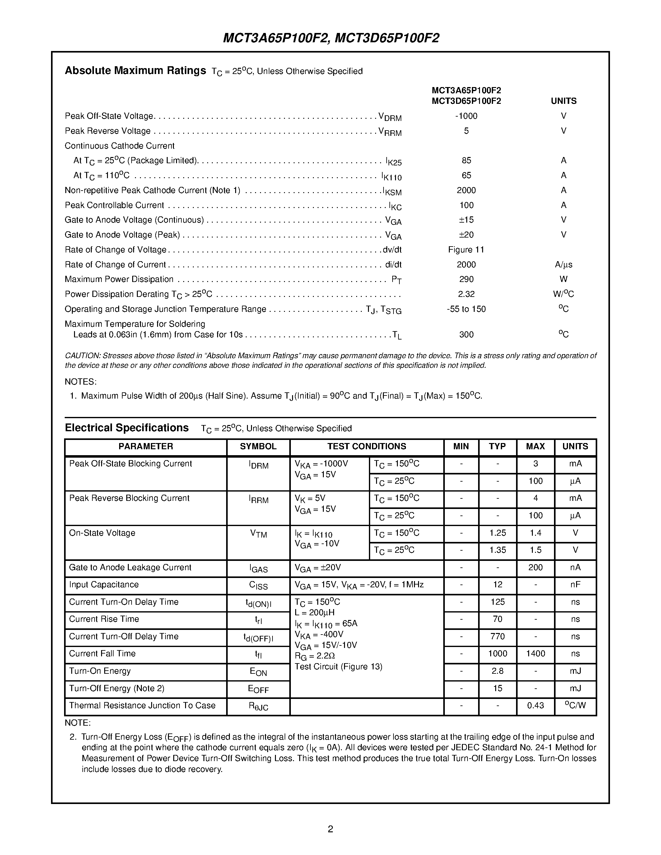 Даташит MCT3A65P100F2 - 65A / 1000V / P-Type MOS-Controlled Thyristor (MCT) страница 2