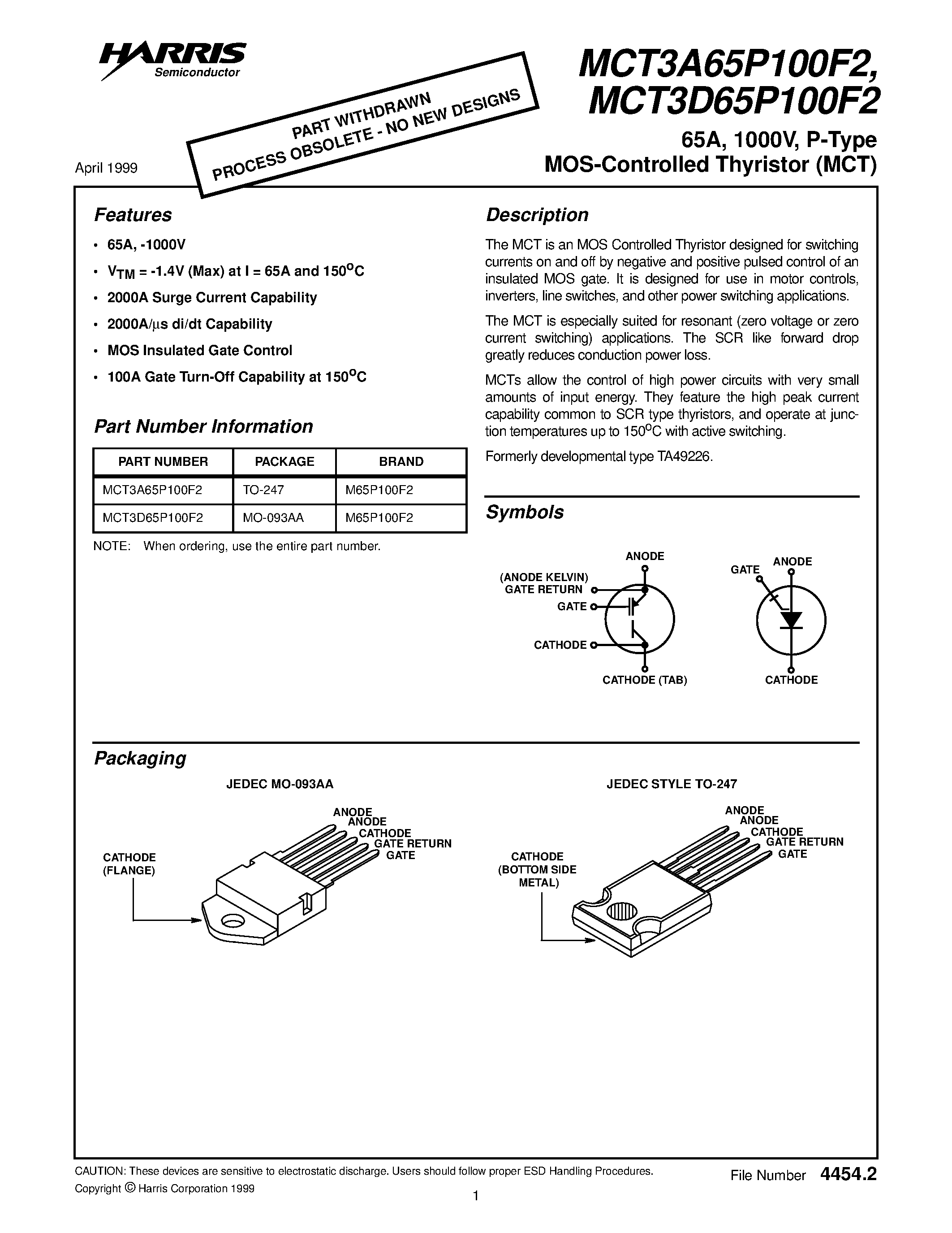 Даташит MCT3D65P100F2 - 65A / 1000V / P-Type MOS-Controlled Thyristor (MCT) страница 1