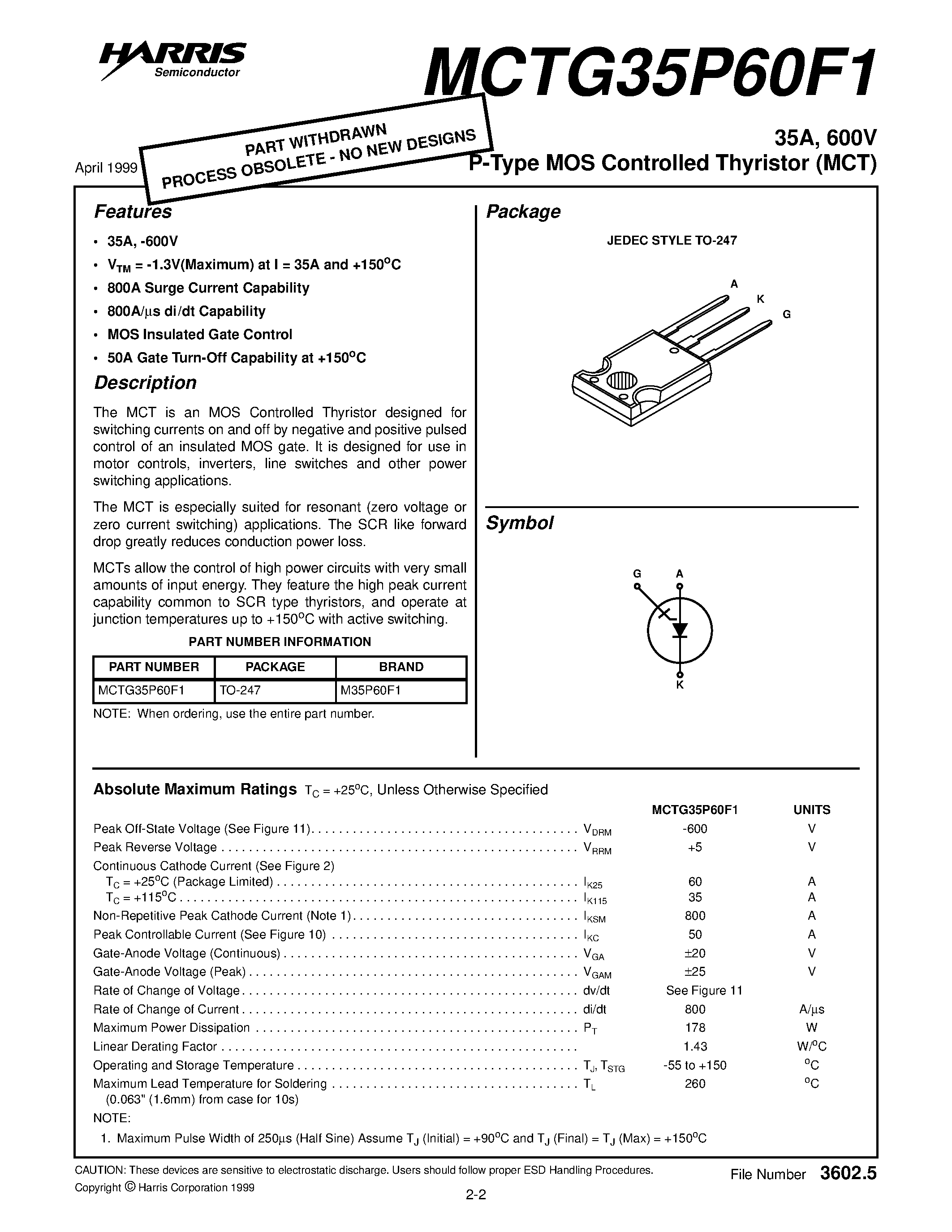 Даташит MCTG35P60F1 - 35A / 600V P-Type MOS Controlled Thyristor (MCT) страница 1