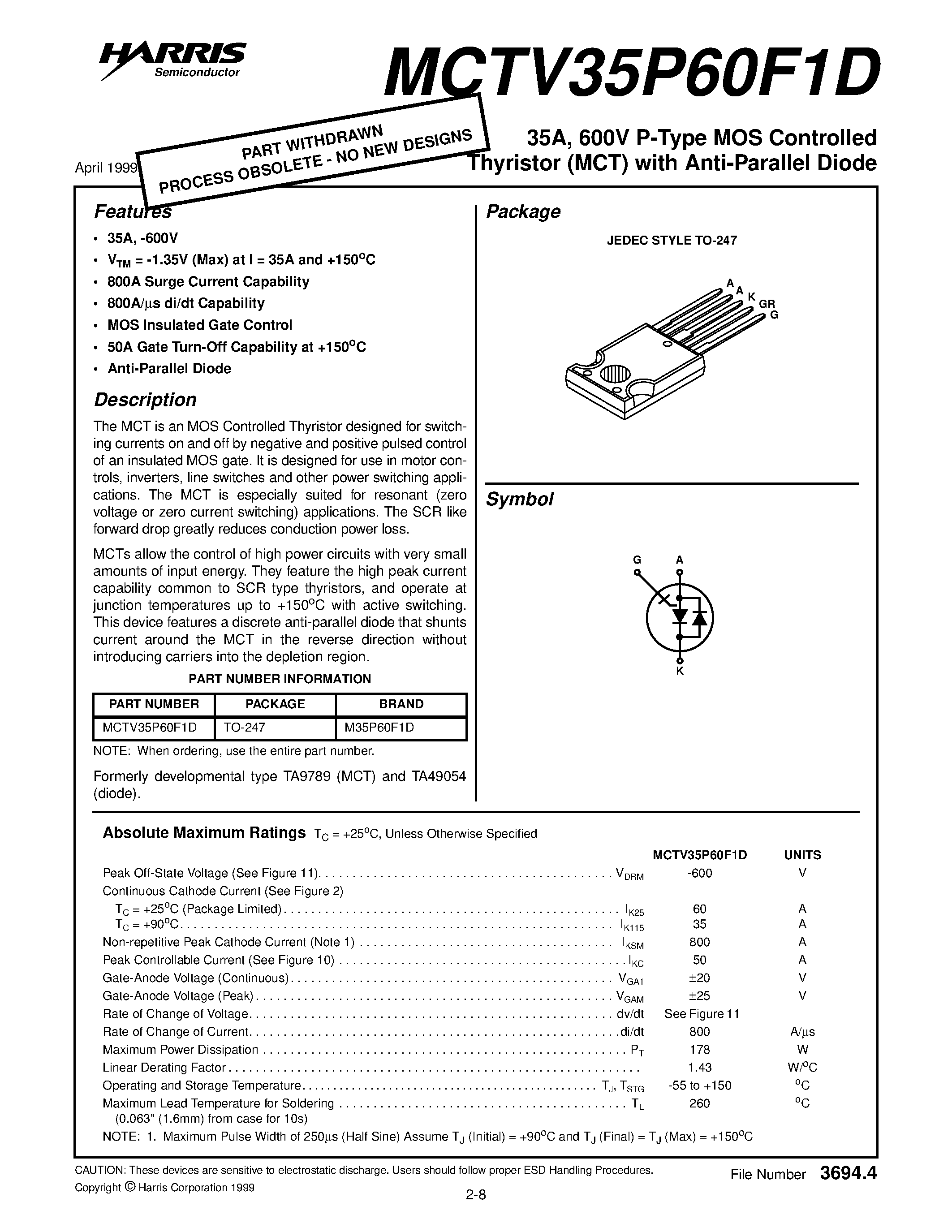 Даташит MCTV35P60F1D - 35A / 600V P-Type MOS Controlled Thyristor (MCT) with Anti-Parallel Diode страница 1