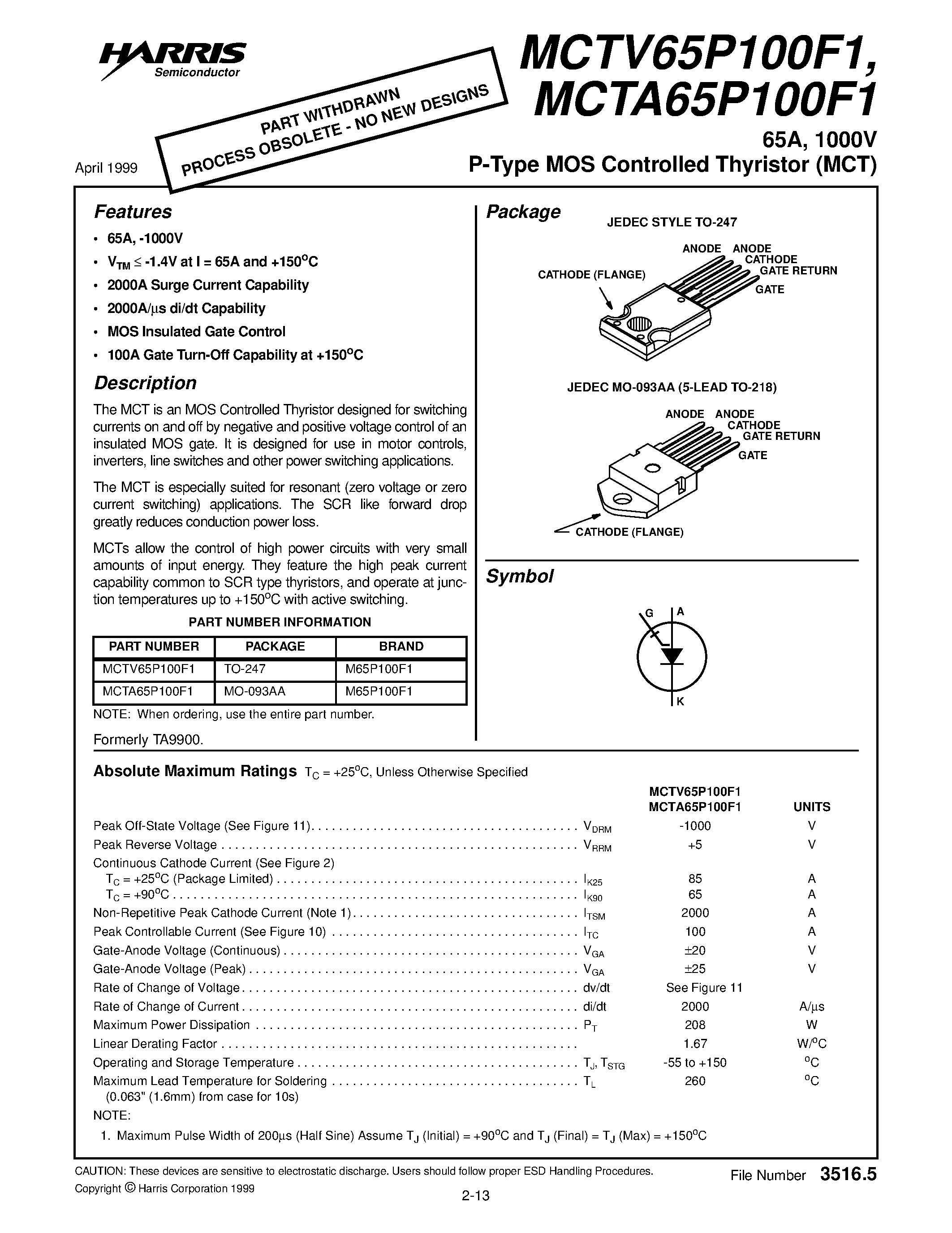 Даташит MCTV65P100F1 - 65A / 1000V P-Type MOS Controlled Thyristor (MCT) страница 1