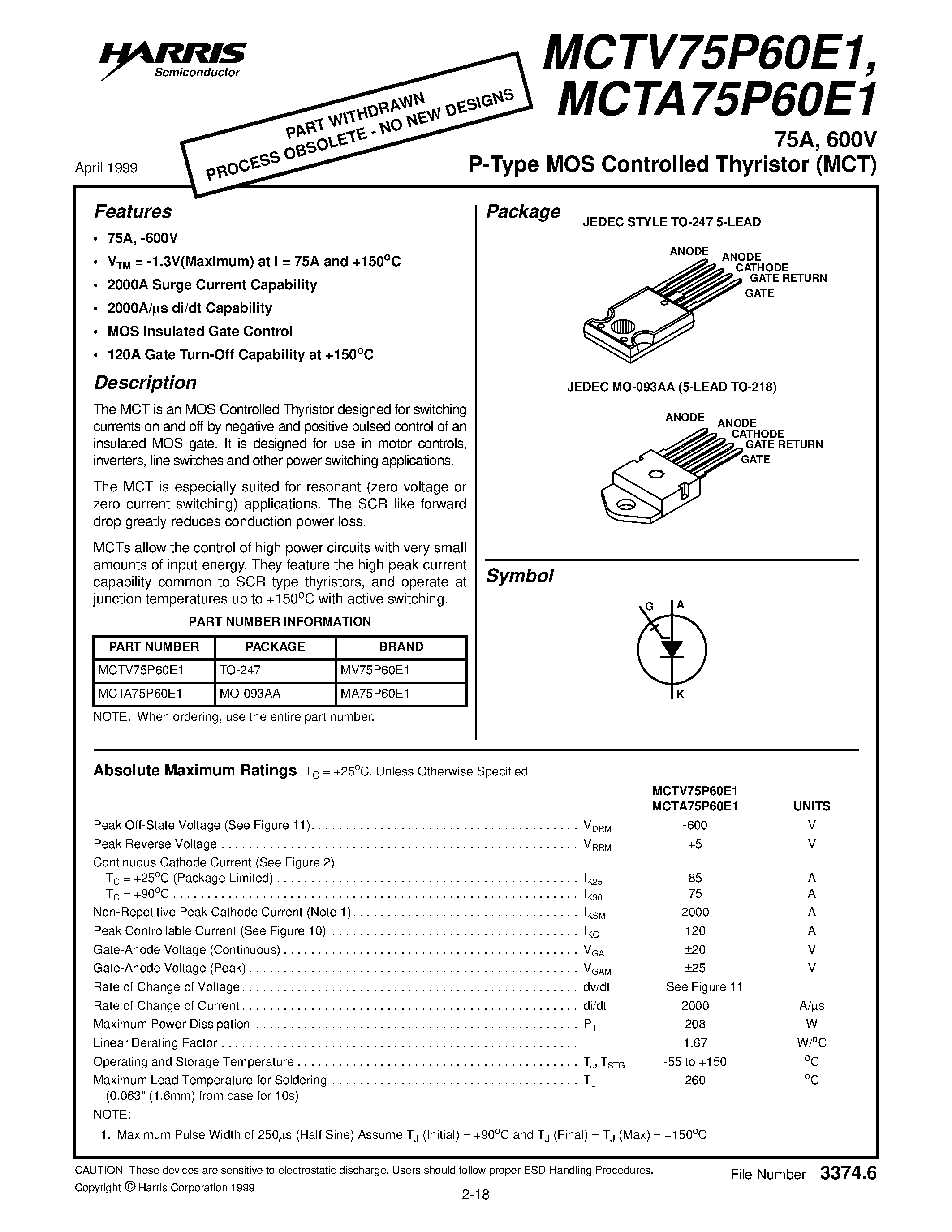 Даташит MCTV75P60E1 - 75A / 600V P-Type MOS Controlled Thyristor (MCT) страница 1