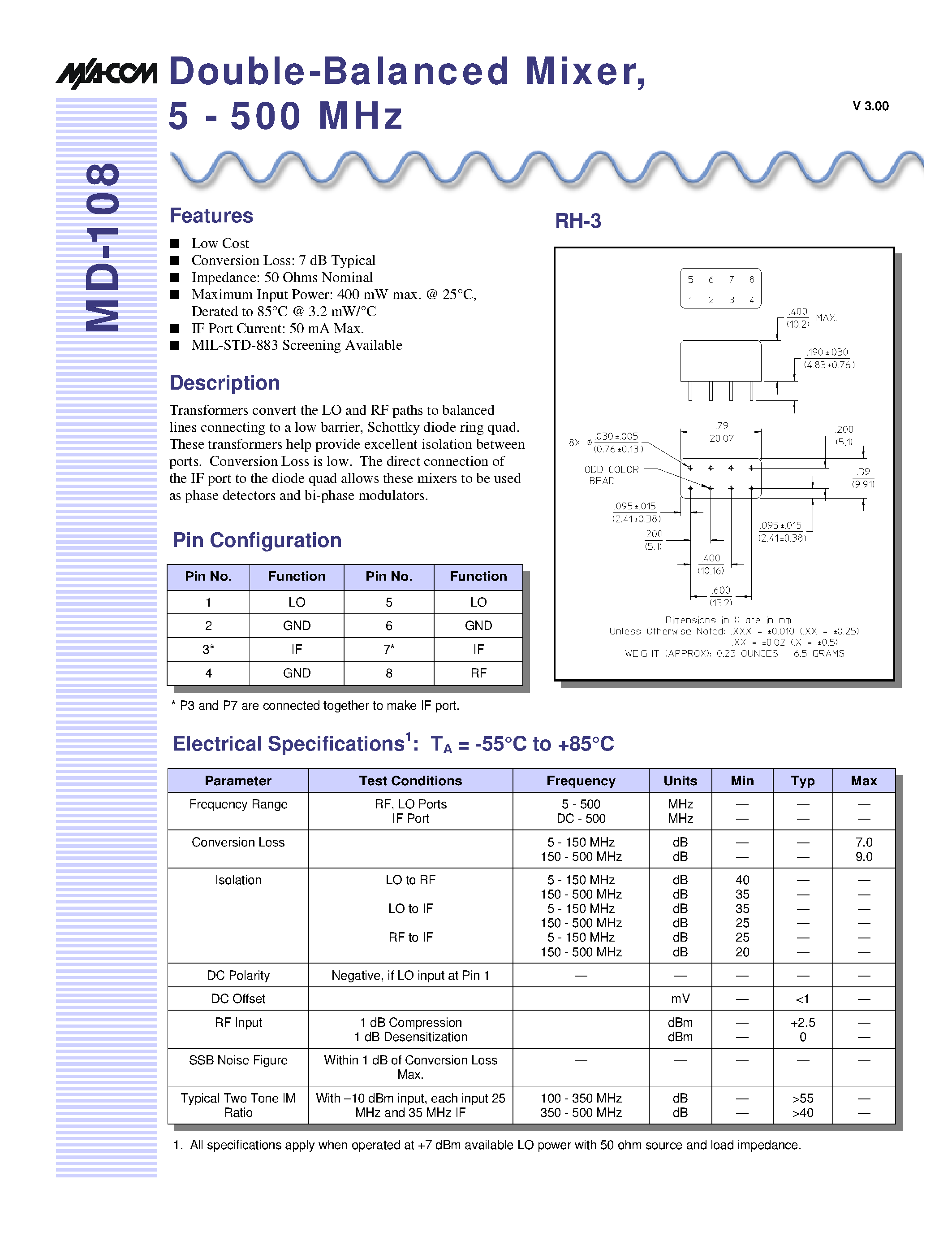 Datasheet MD-108PIN - Double-Balanced Mixer / 5 - 500 MHz page 1