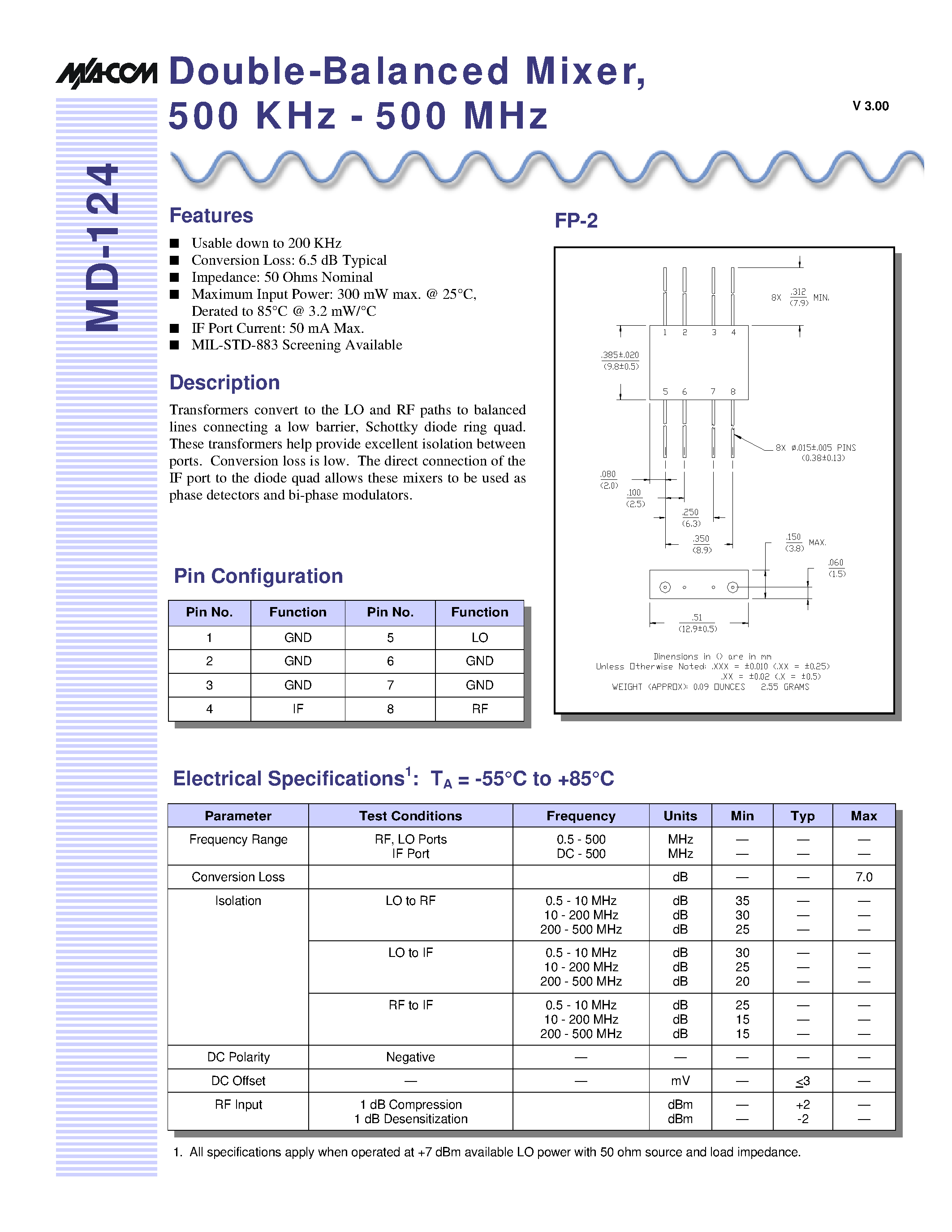 Datasheet MD-124 - Double-Balanced Mixer / 500 KHz - 500 MHz page 1