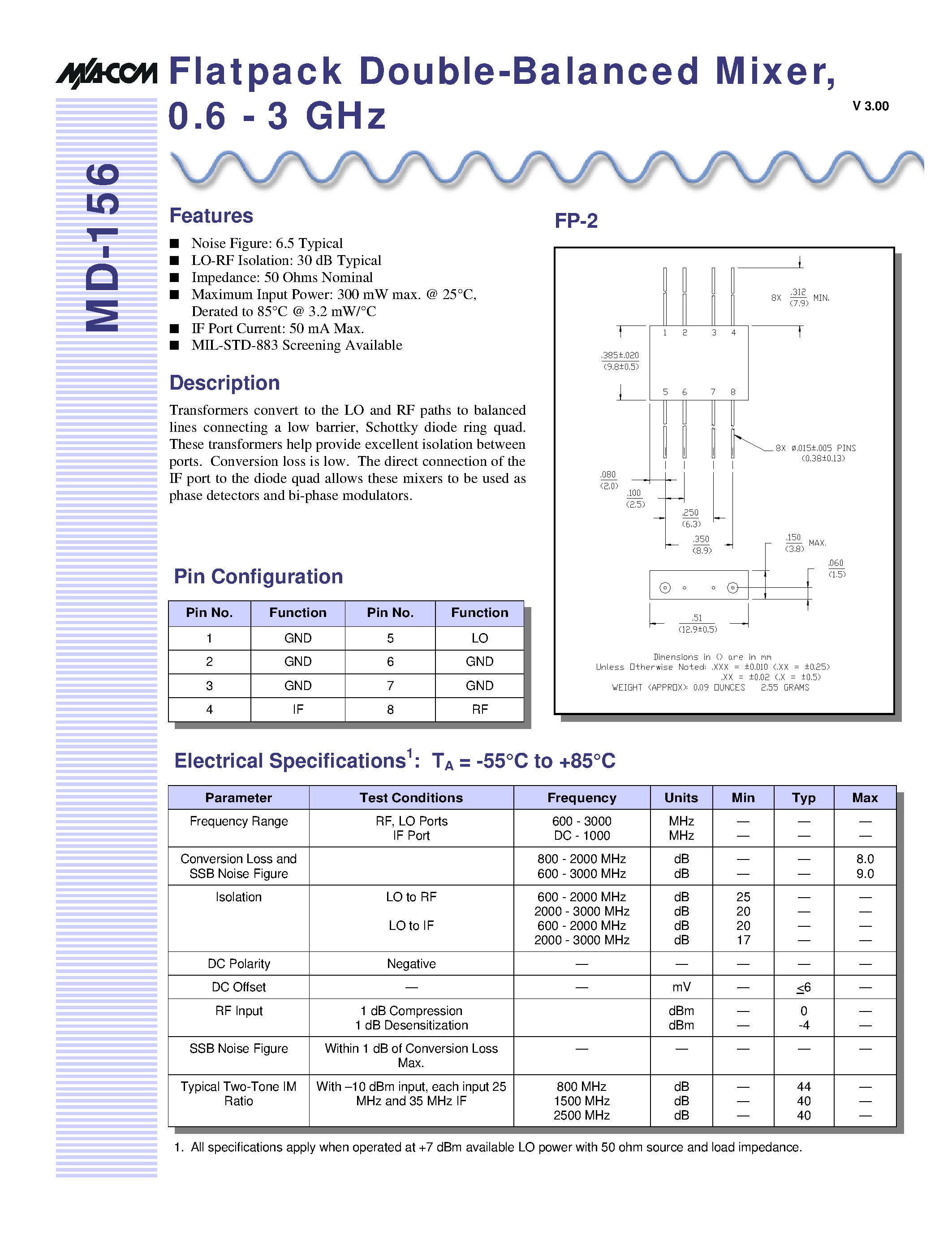 Datasheet MD-156 - Flatpack Double-Balanced Mixer / 0.6 - 3 GHz page 1