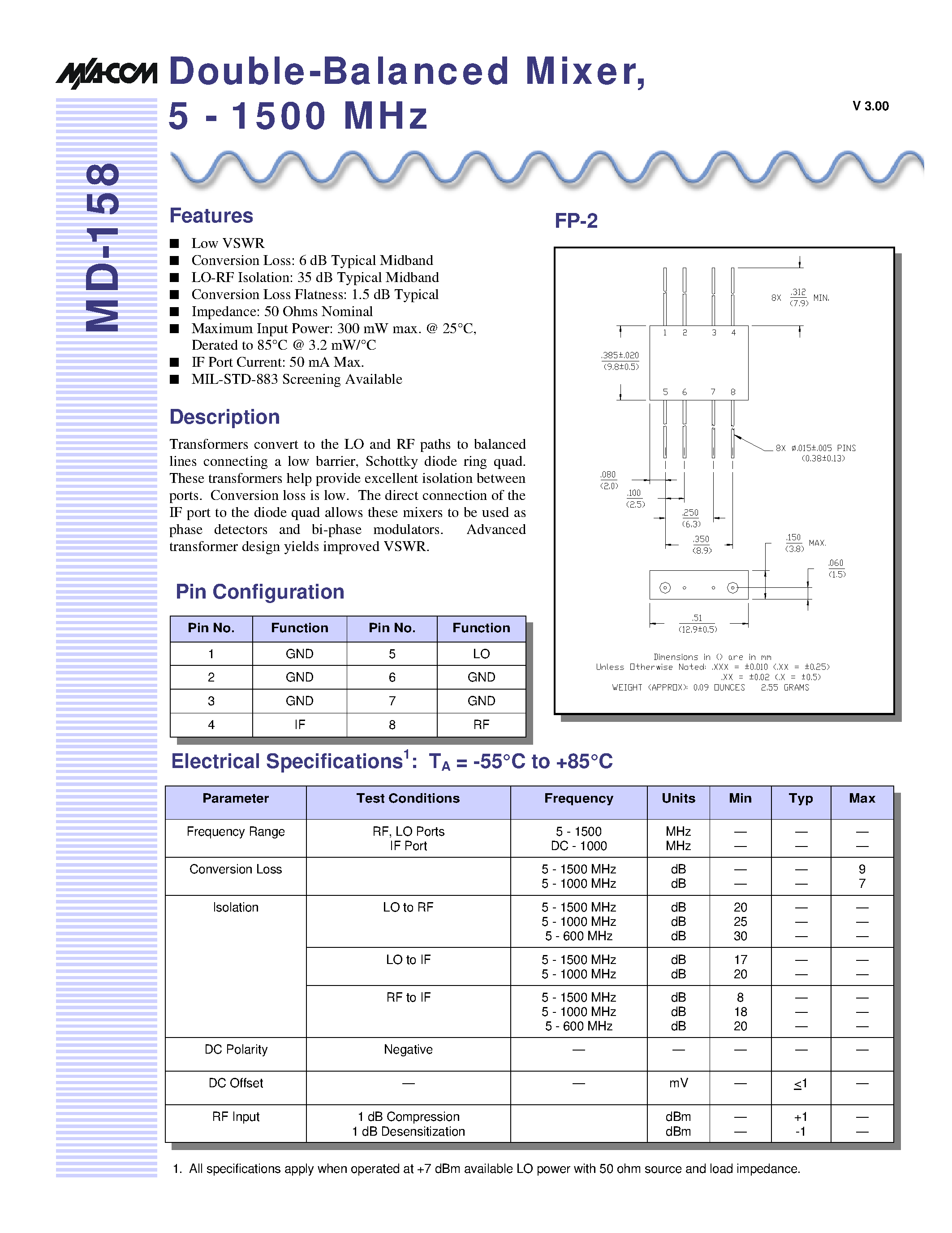 Datasheet MD-158 - Double-Balanced Mixer / 5 - 1500 MHz page 1