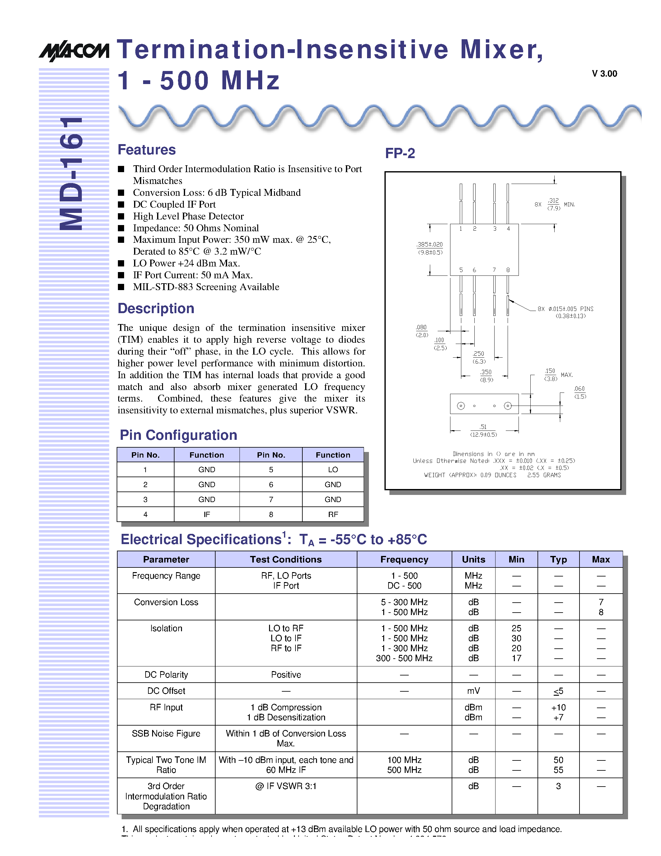 Даташит на микросхему MD-161PIN страница 1 Даташит MD-161PIN - Termination-Insensitive Mixer / 1 - 500 MHz страница 1