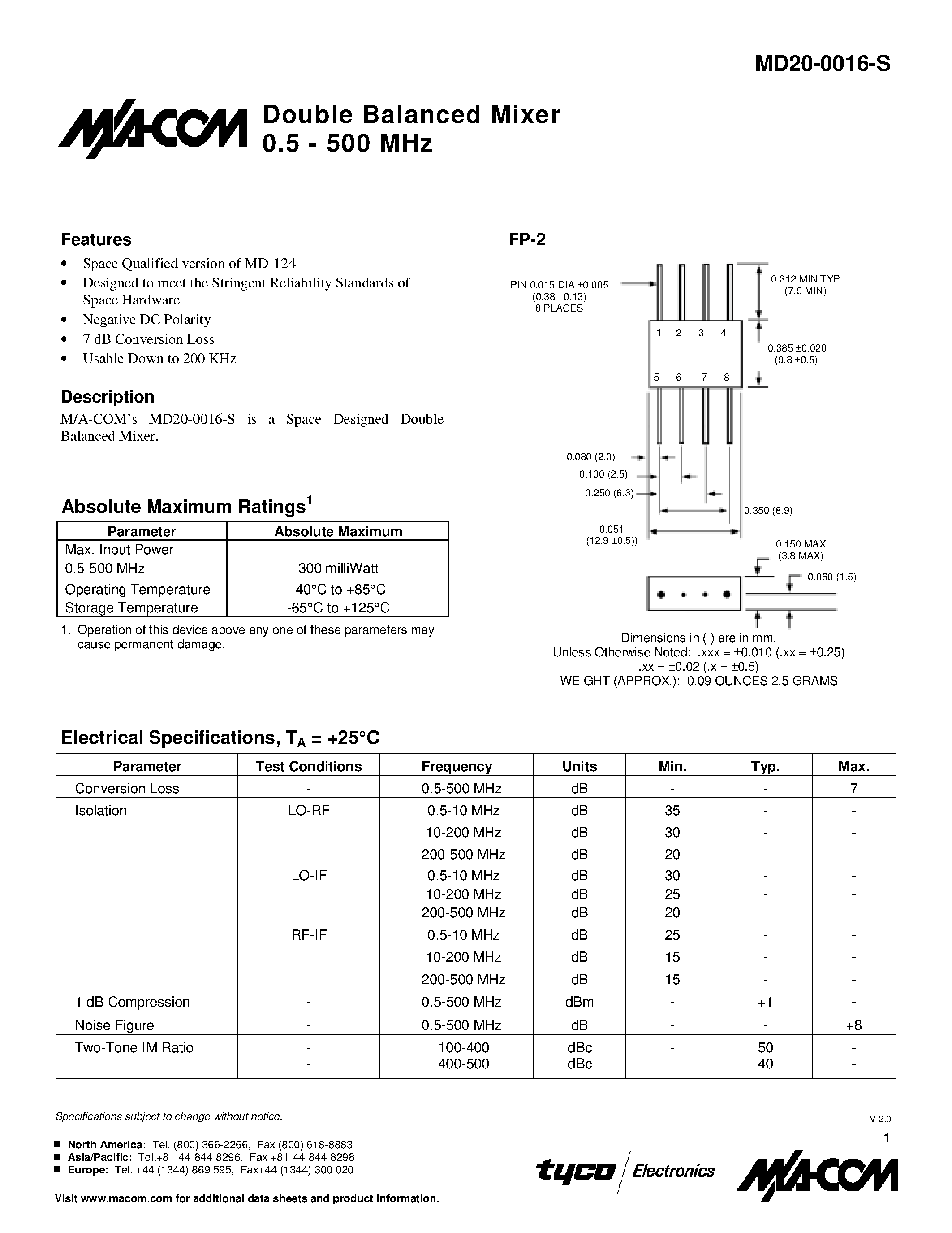 Datasheet MD20-0016-S - Double Balanced Mixer 0.5 - 500 MHz page 1