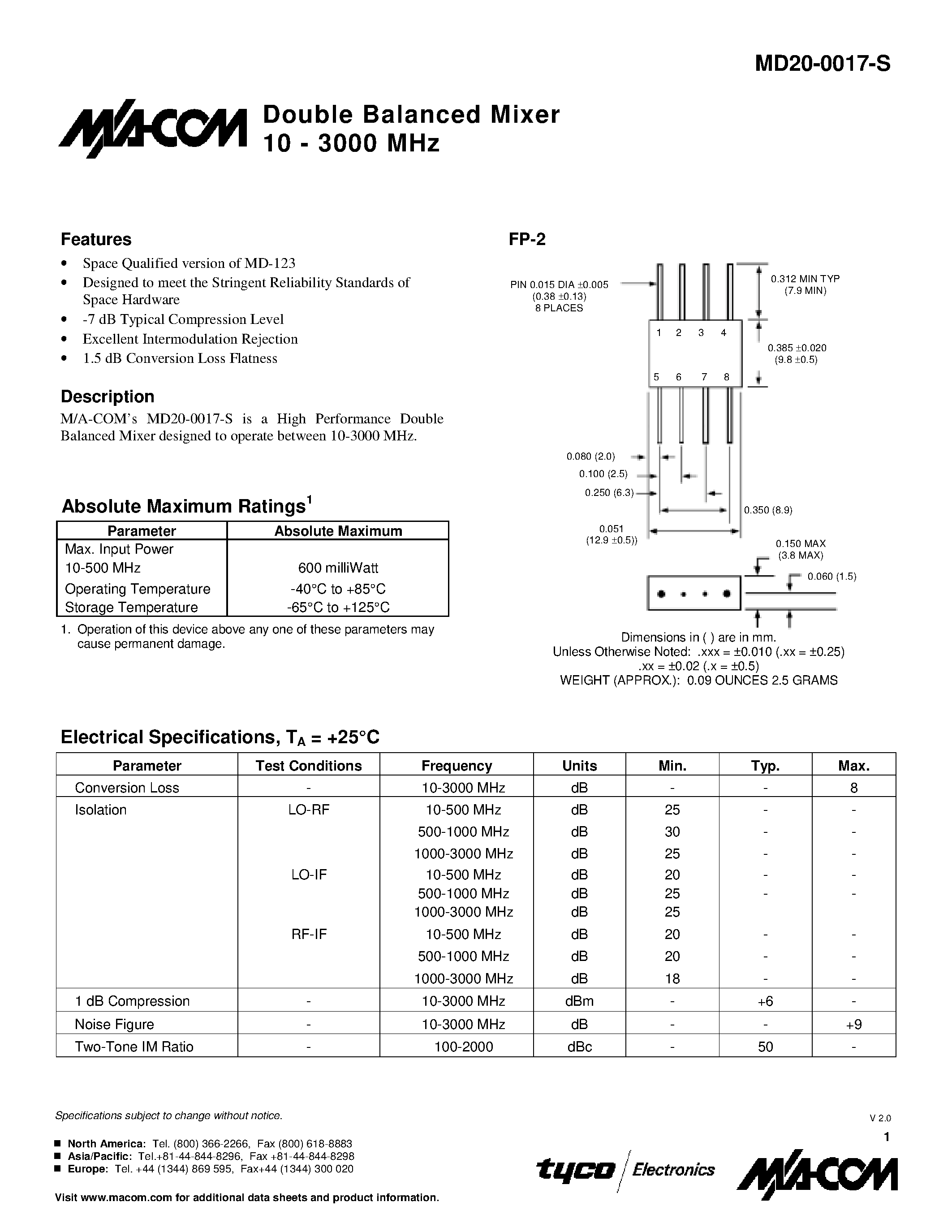 Datasheet MD20-0017-S - Double Balanced Mixer 10 - 3000 MHz page 1