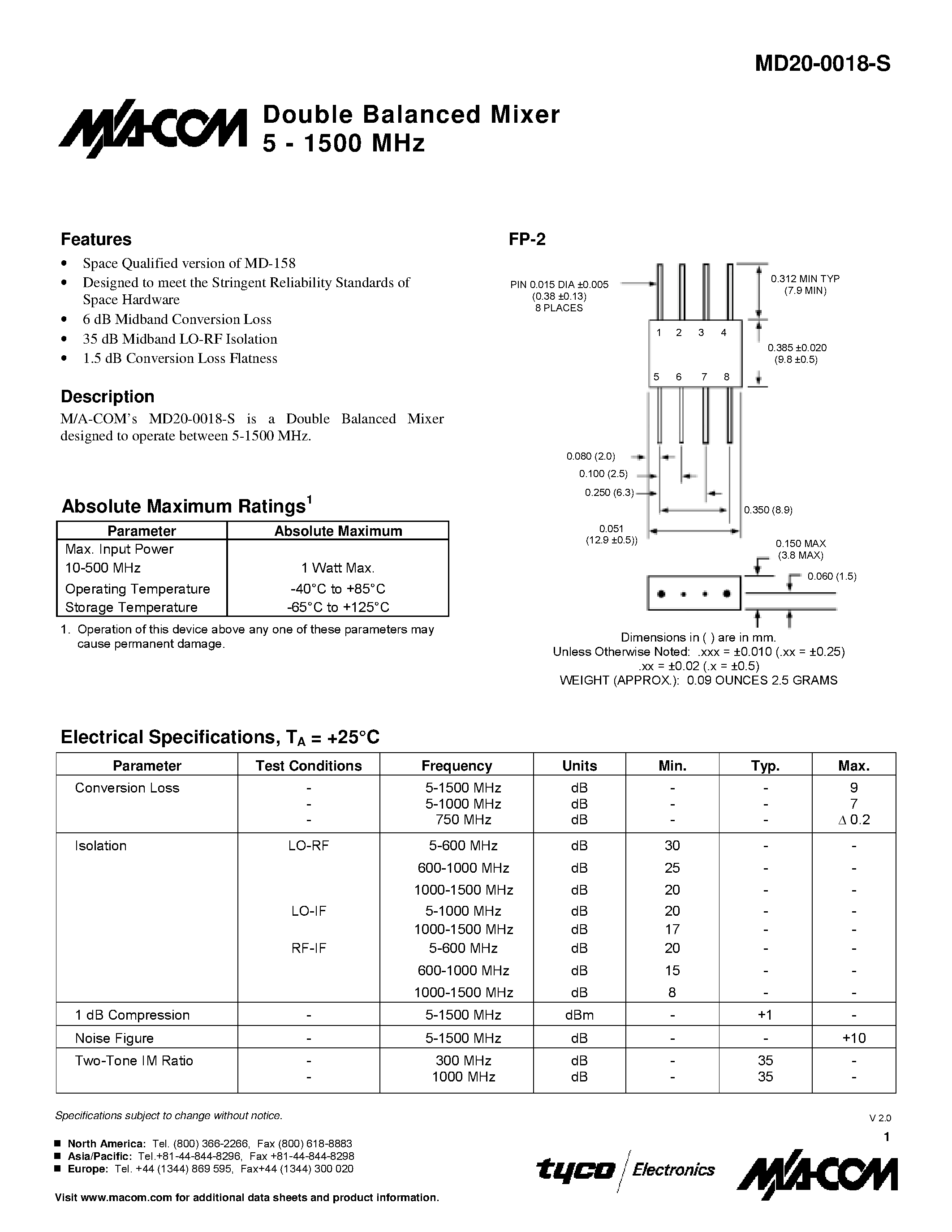 Datasheet MD20-0018-S - Double Balanced Mixer 5 - 1500 MHz page 1