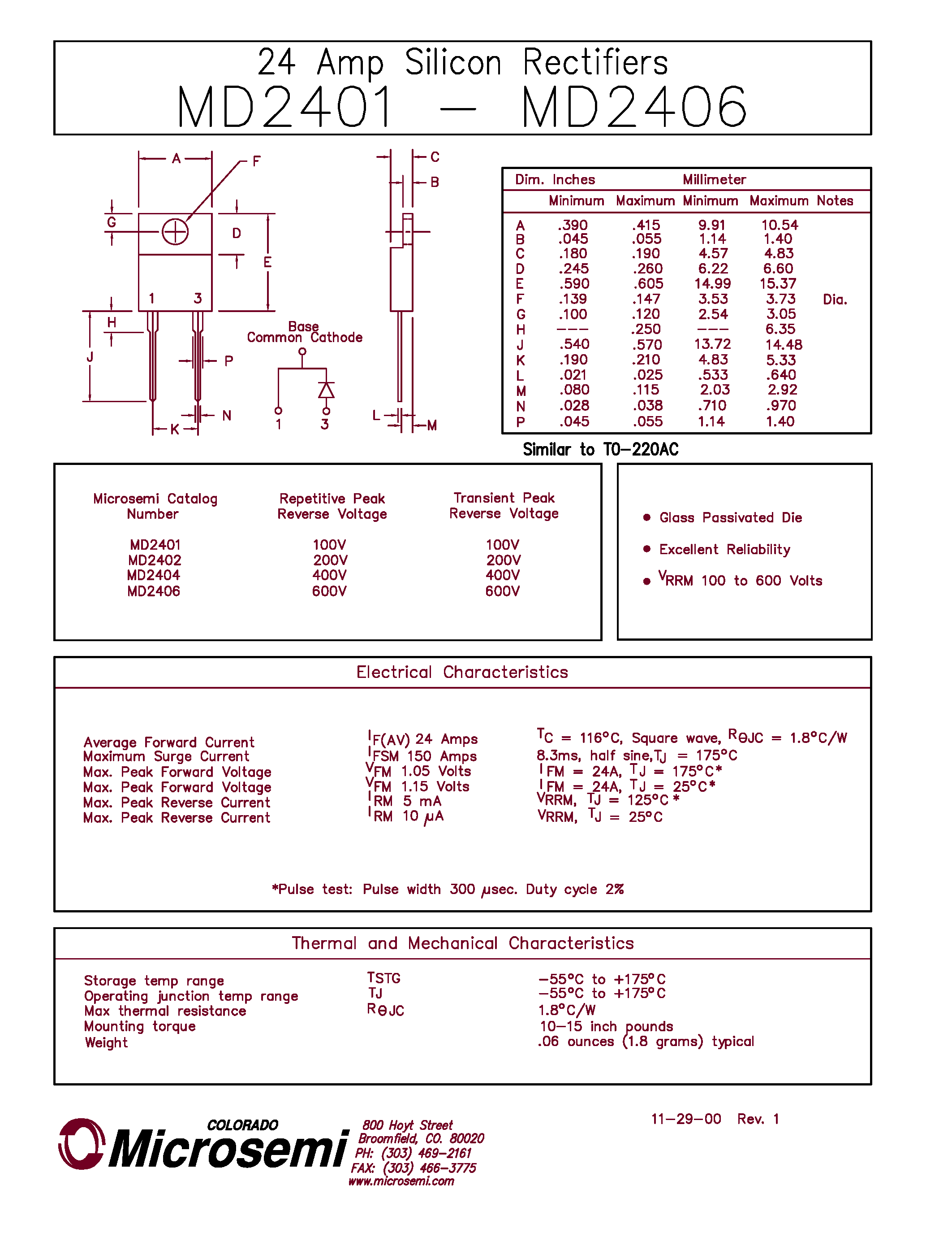 Даташит MD2406 - 24 Amp Schottky Rectifier страница 1
