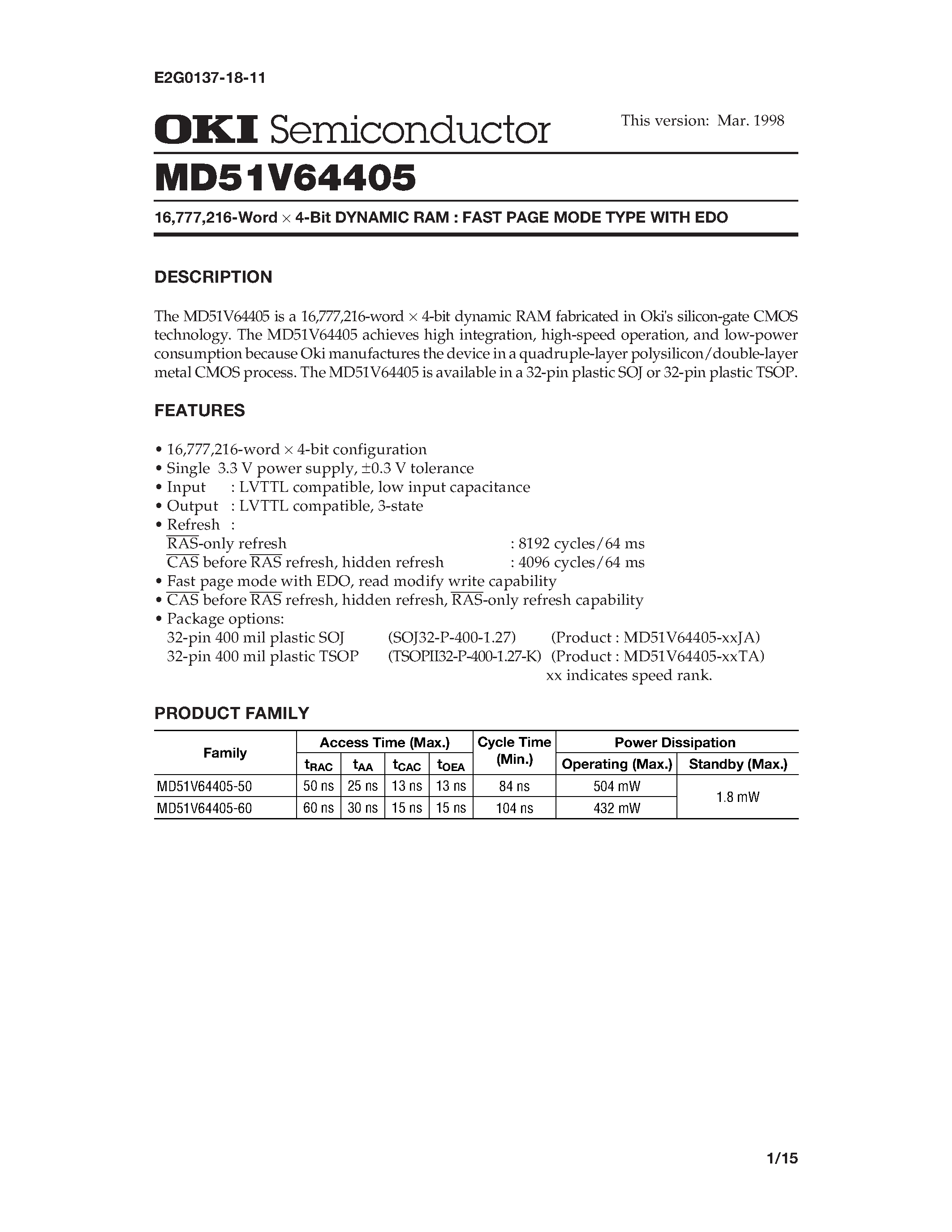 Datasheet MD51V64405 - 16 /777 /216-Word x 4-Bit DYNAMIC RAM : FAST PAGE MODE TYPE WITH EDO page 1