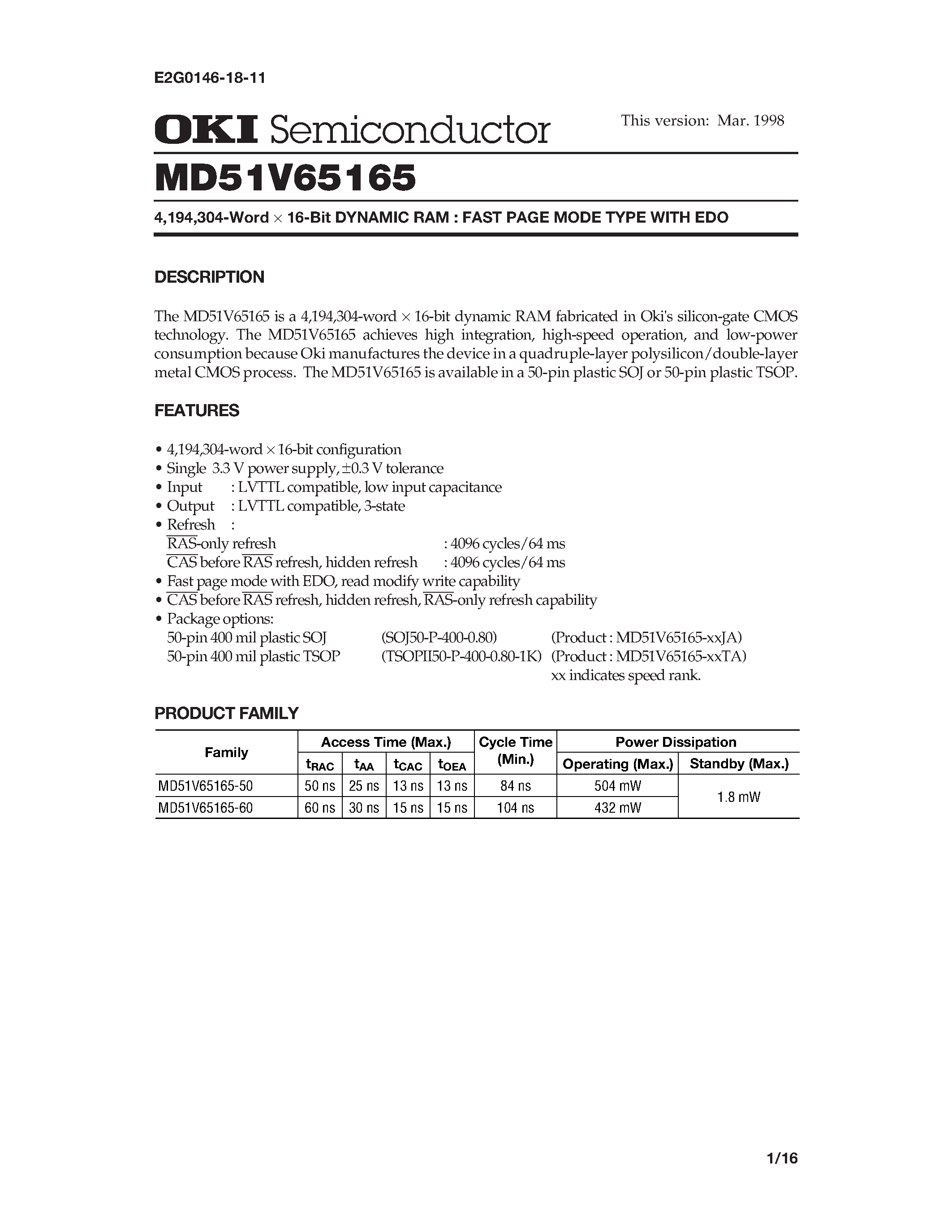 Datasheet MD51V65165 - 4 /194 /304-Word x 16-Bit DYNAMIC RAM : FAST PAGE MODE TYPE WITH EDO page 1