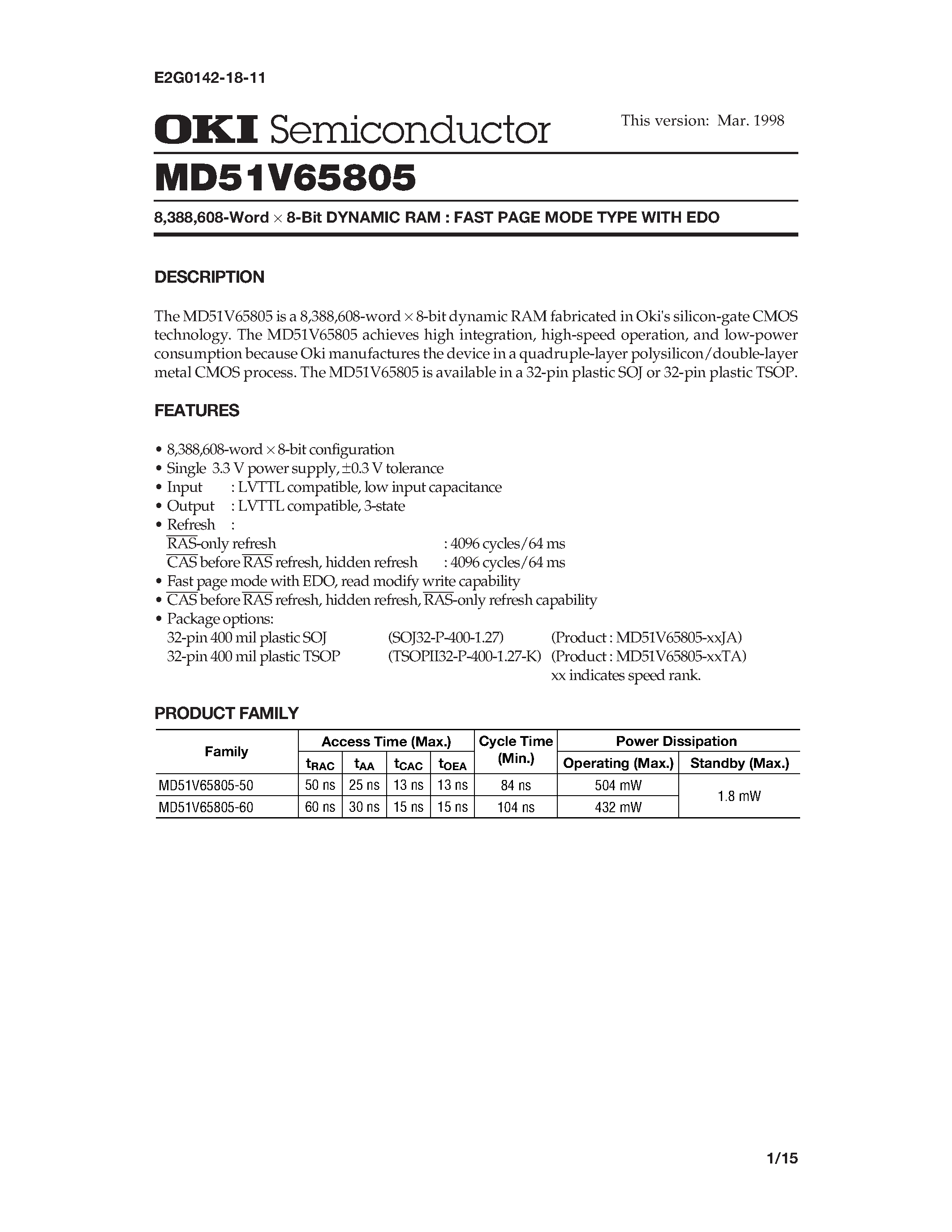 Datasheet MD51V65805 - 8 /388 /608-Word x 8-Bit DYNAMIC RAM : FAST PAGE MODE TYPE WITH EDO page 1