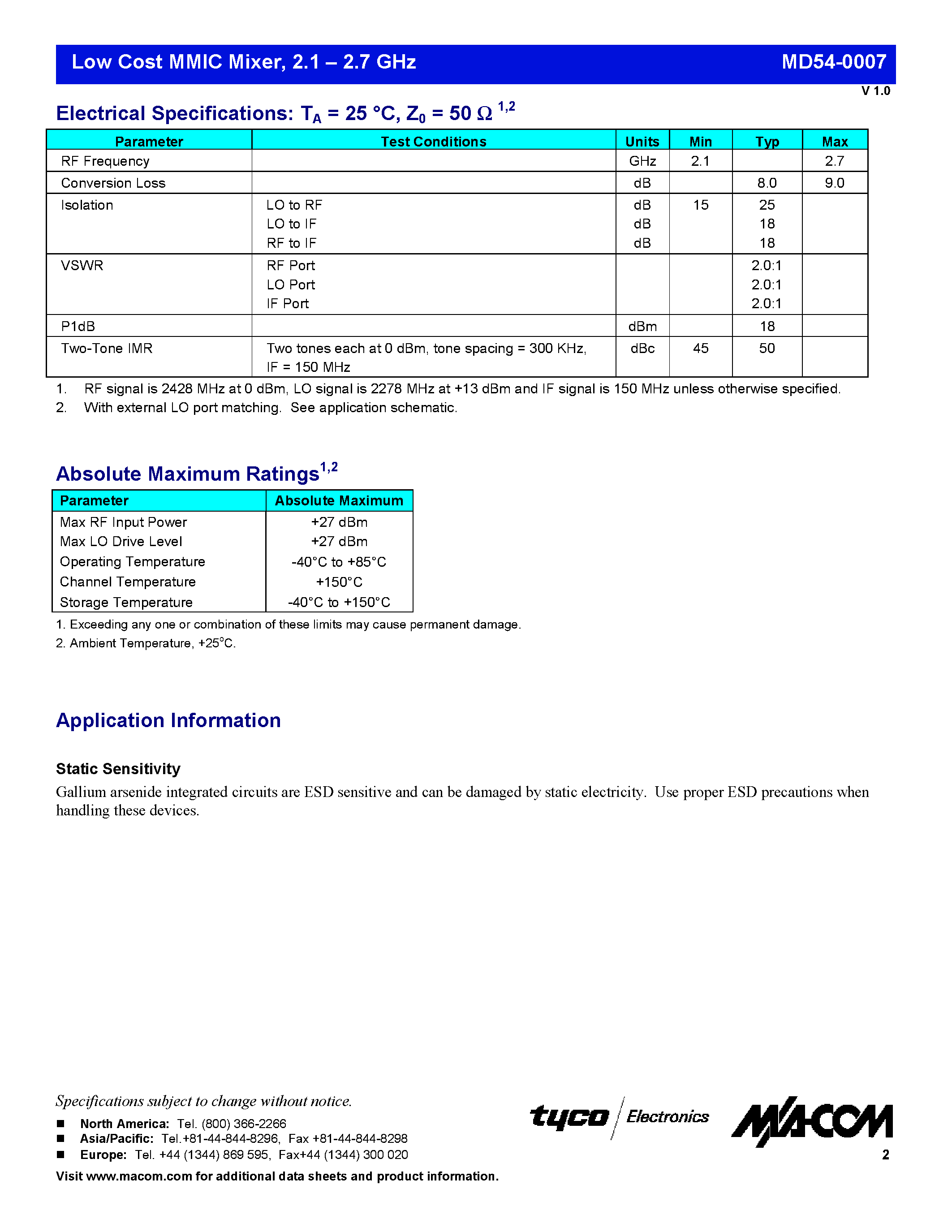 Datasheet MD54-0007SMB page 2 Datasheet MD54-0007SMB - Low Cost MMIC Mixer / 2.1 - 2.7 GHz page 2