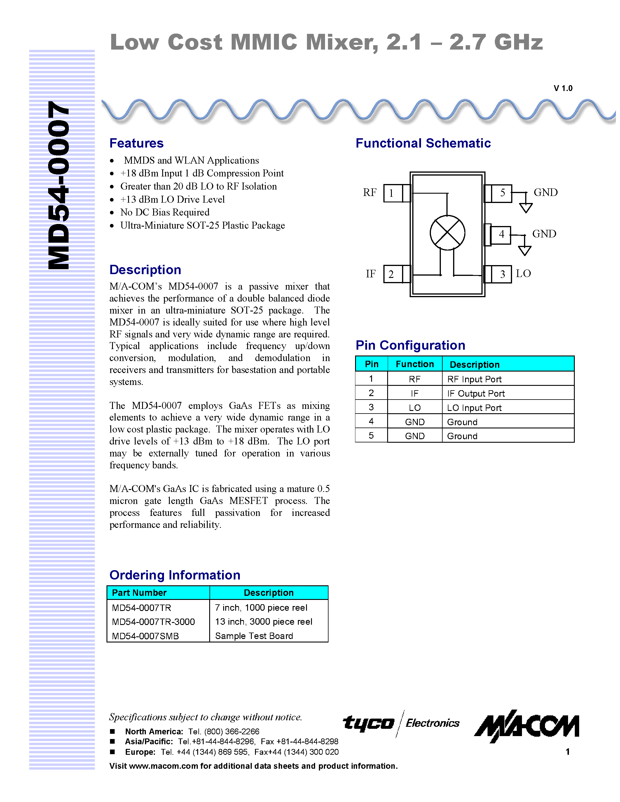 Даташит MD54-0007TR - Low Cost MMIC Mixer / 2.1 - 2.7 GHz страница 1