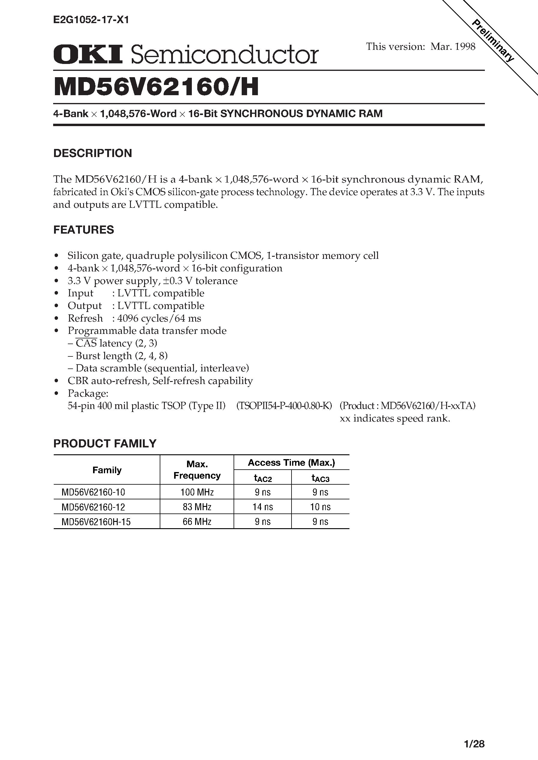 Datasheet MD56V62160H - 4-Bank x 1 /048 /576-Word x 16-Bit SYNCHRONOUS DYNAMIC RAM page 1