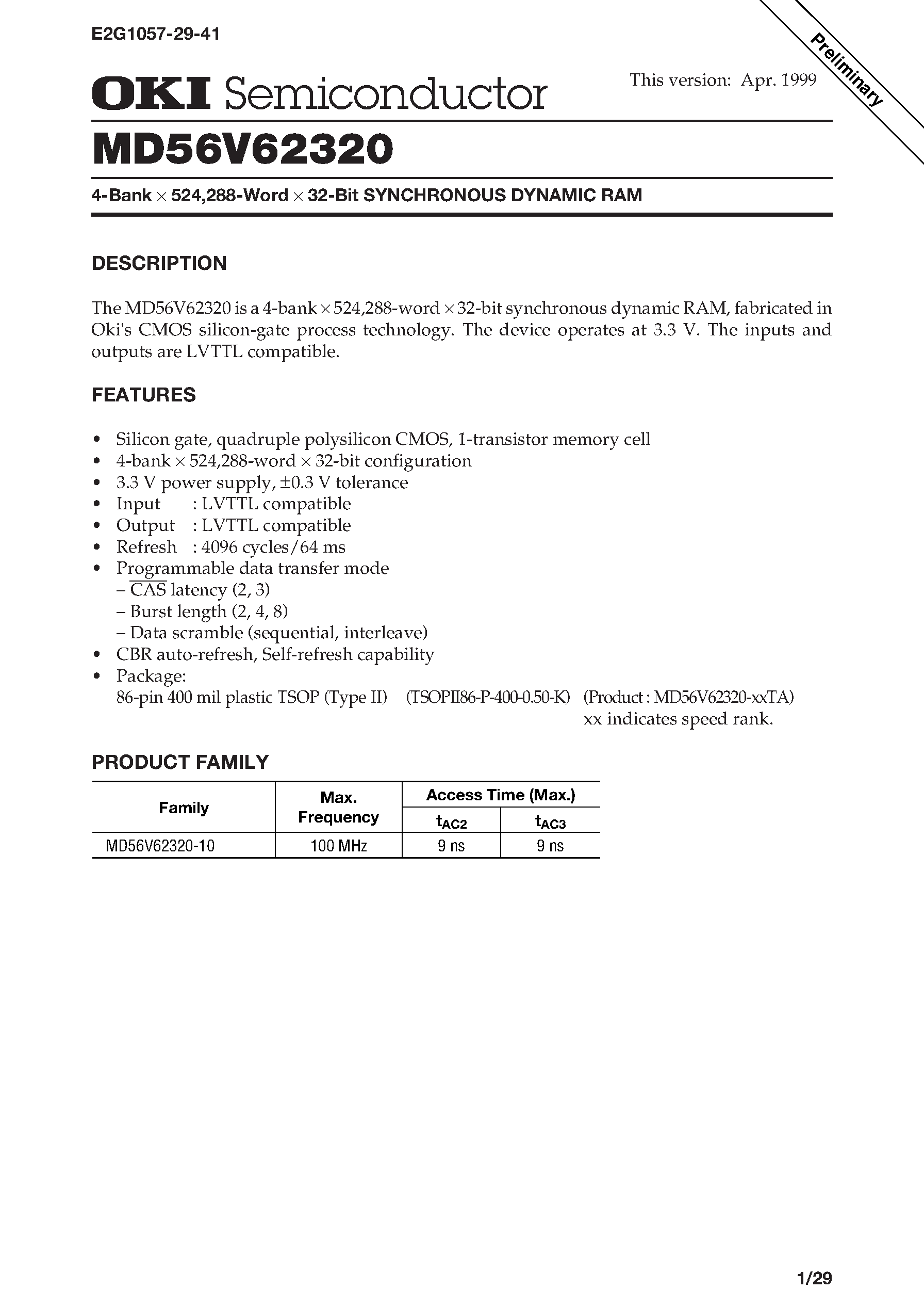 Datasheet MD56V62320 - 4-Bank x 524 /288-Word x 32-Bit SYNCHRONOUS DYNAMIC RAM page 1