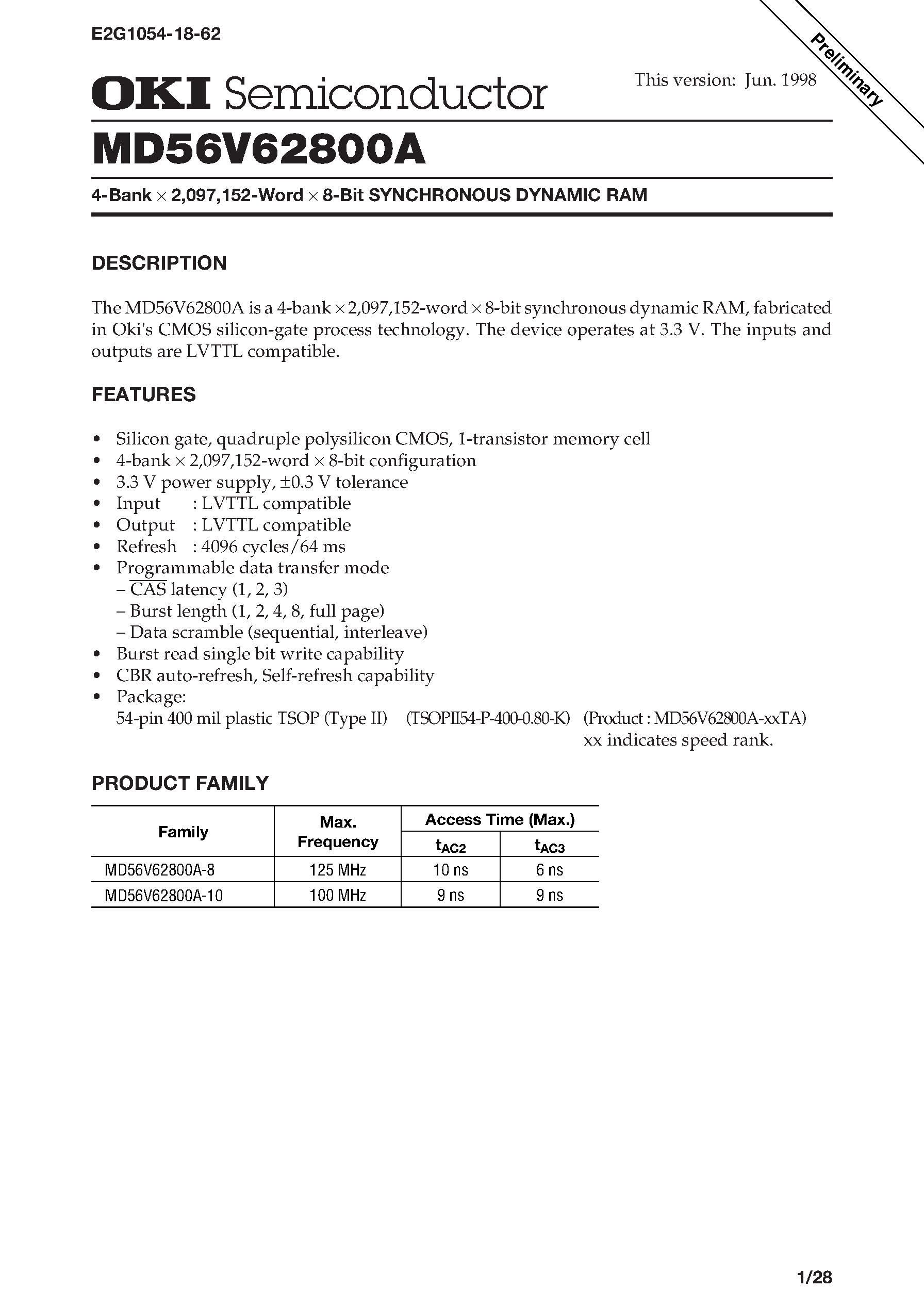 Datasheet MD56V62800A - 4-Bank x 2 /097 /152-Word x 8-Bit SYNCHRONOUS DYNAMIC RAM page 1