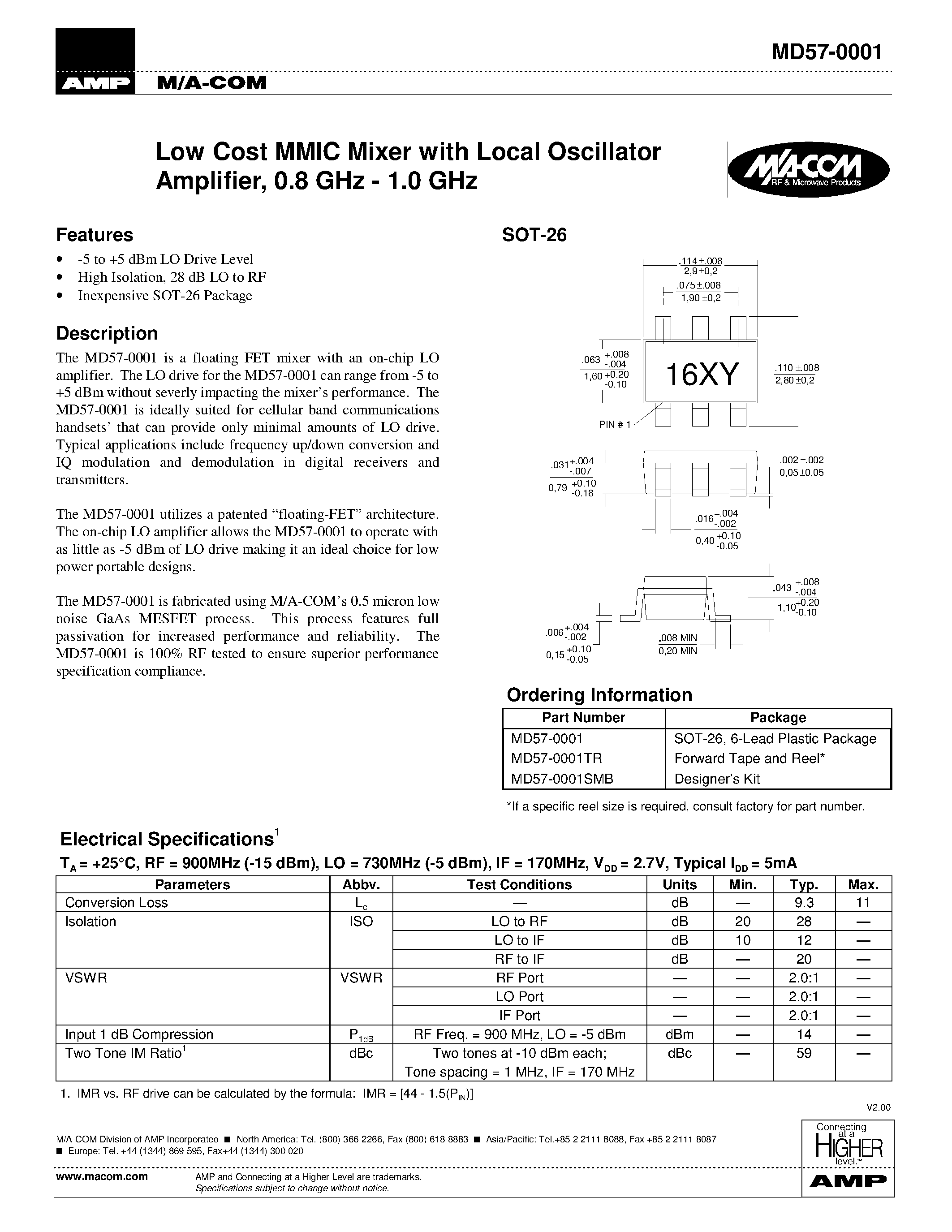 Datasheet MD57-0001TR - Low Cost MMIC Mixer with Local Oscillator Amplifier / 0.8 GHz - 1.0 GHz page 1