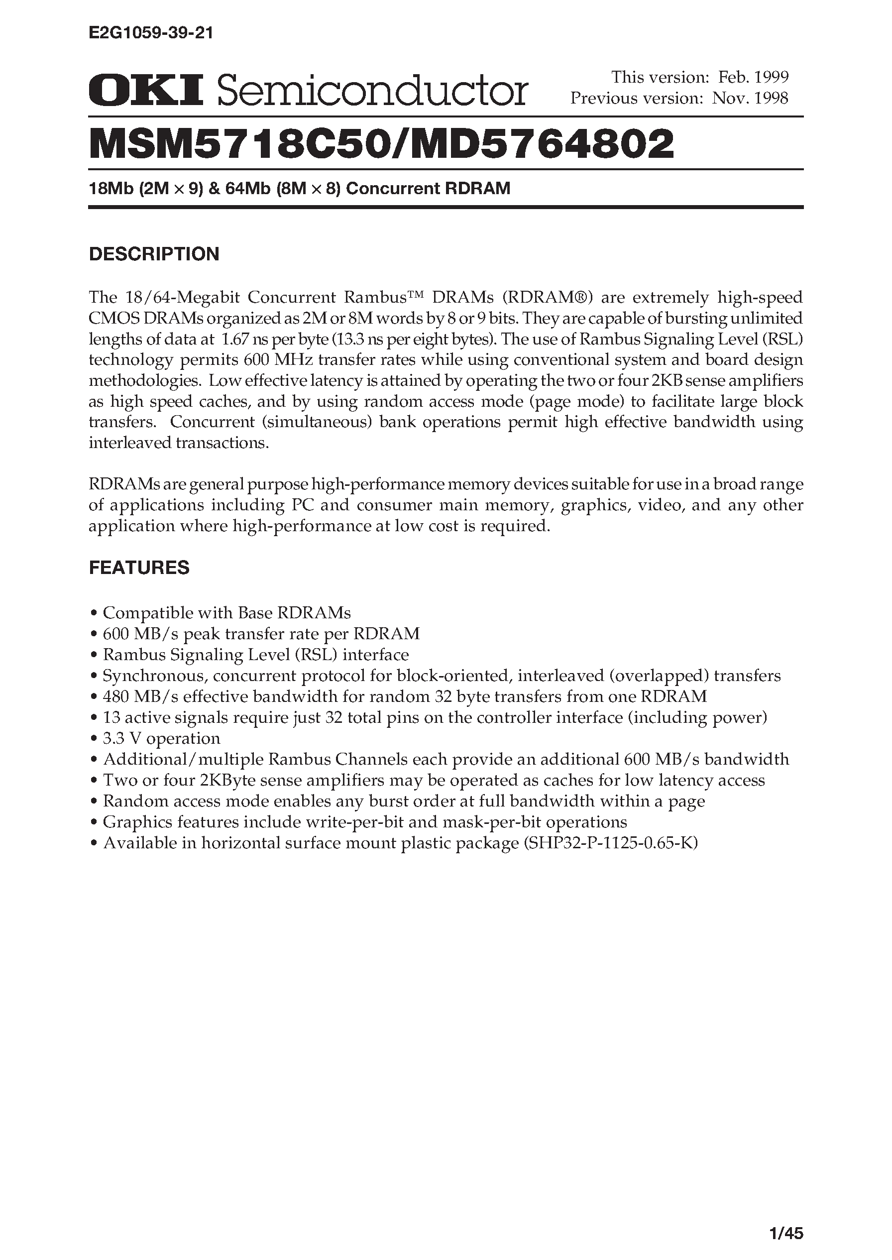 Datasheet MD5764802 - 18Mb (2M x 9) & 64Mb (8M x 8) Concurrent RDRAM page 1