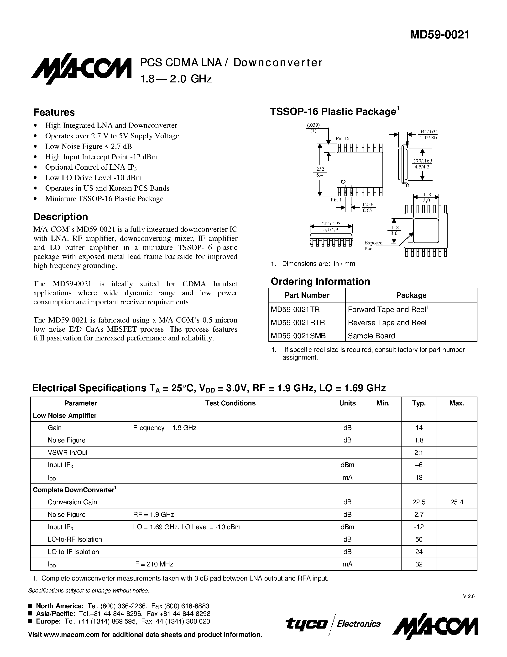 Datasheet MD59-0021SMB - PCS CDMA LNA / Downconverter 1.8-2.0 GHz page 1