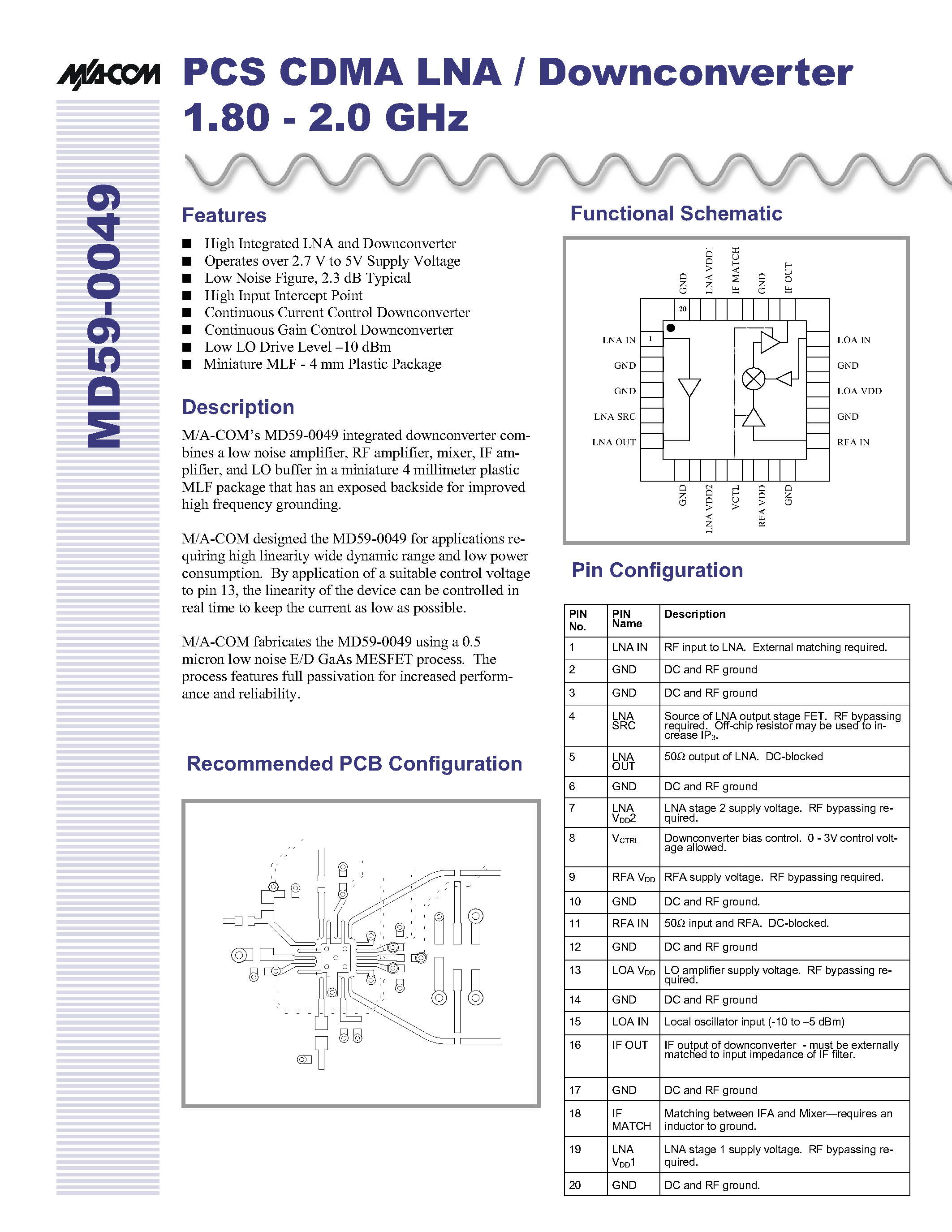 Datasheet MD59-0049 - PCS CDMA LNA/Downconverter 1.80-2.0 GHz page 1